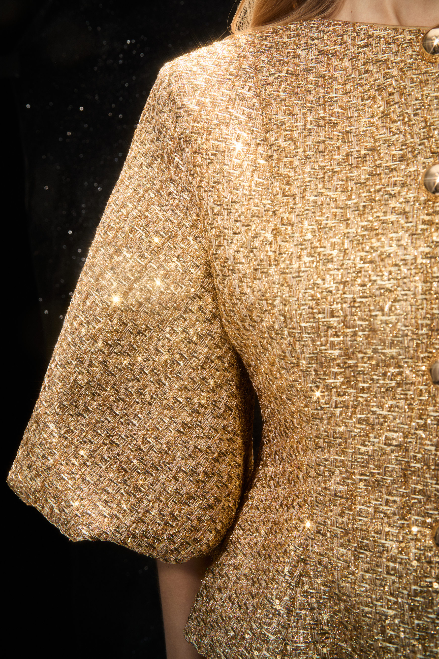 Shimmer District Gold Metallic Puff Sleeve Tweed Jacket-purelyfable