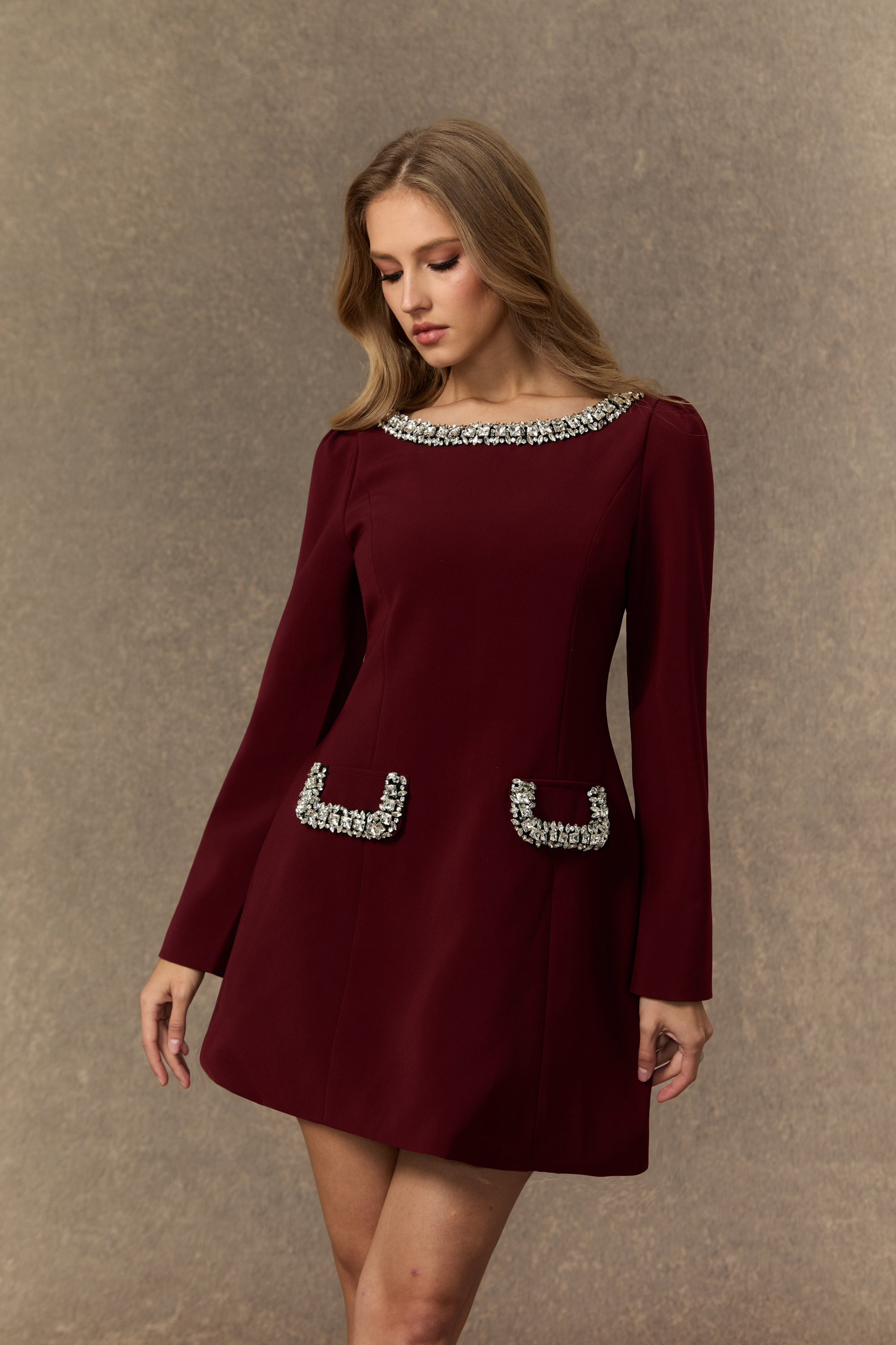Eloquent Drama Burgundy Crystal Embellished Mini Dress-purelyfable