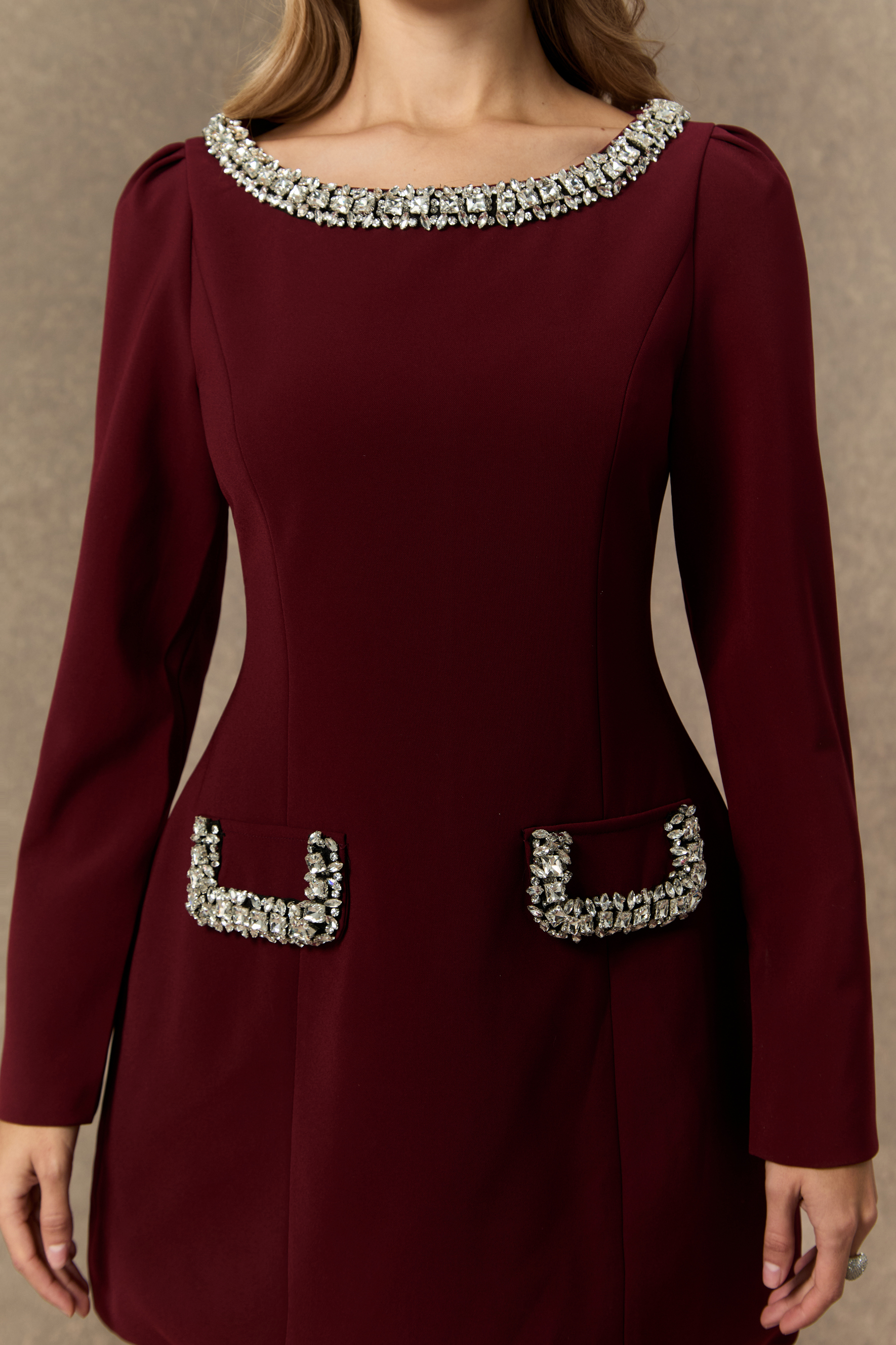 Eloquent Drama Burgundy Crystal Embellished Mini Dress-purelyfable