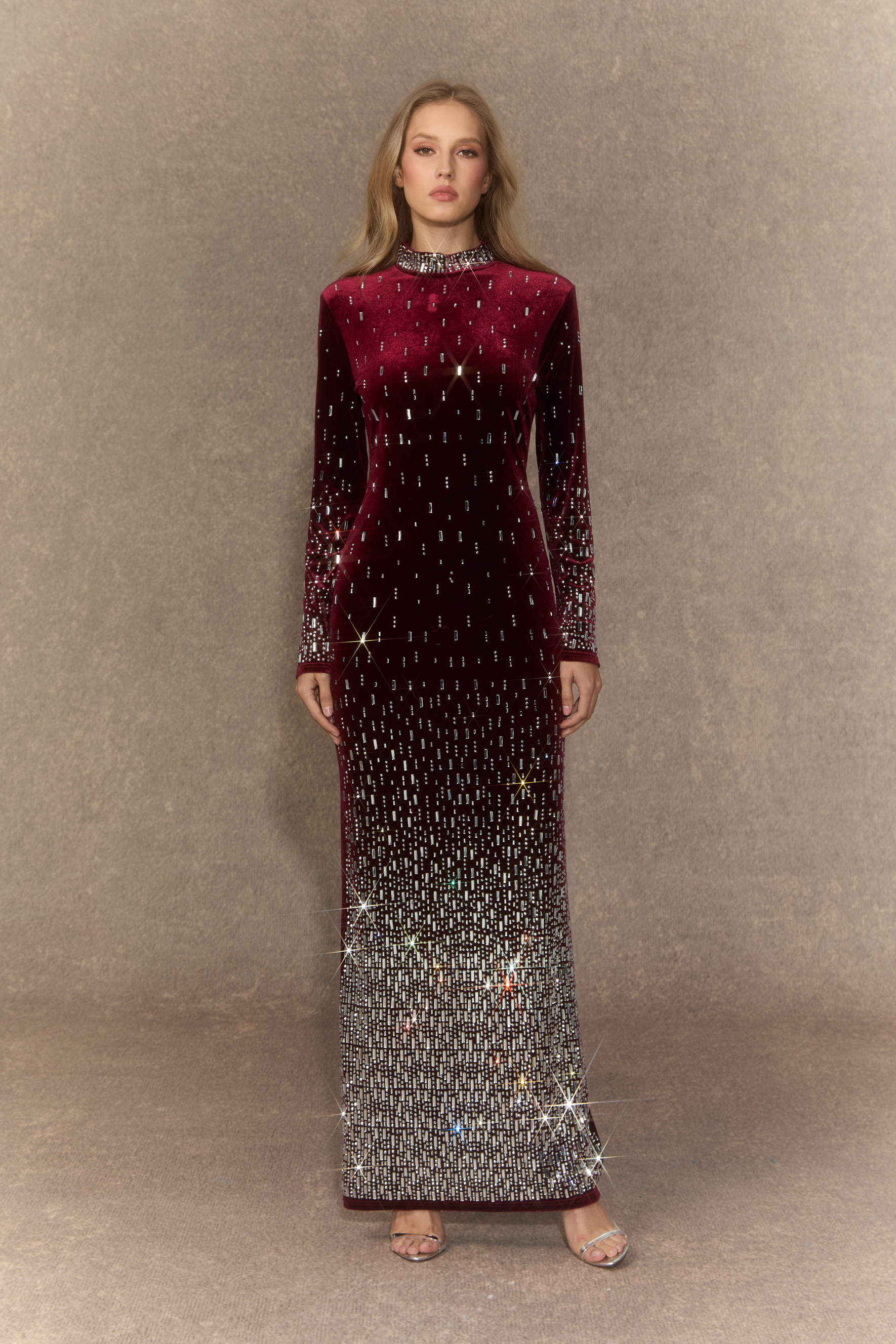 Classy Nights Burgundy Gradient Rhinestone Maxi Dress-purelyfable