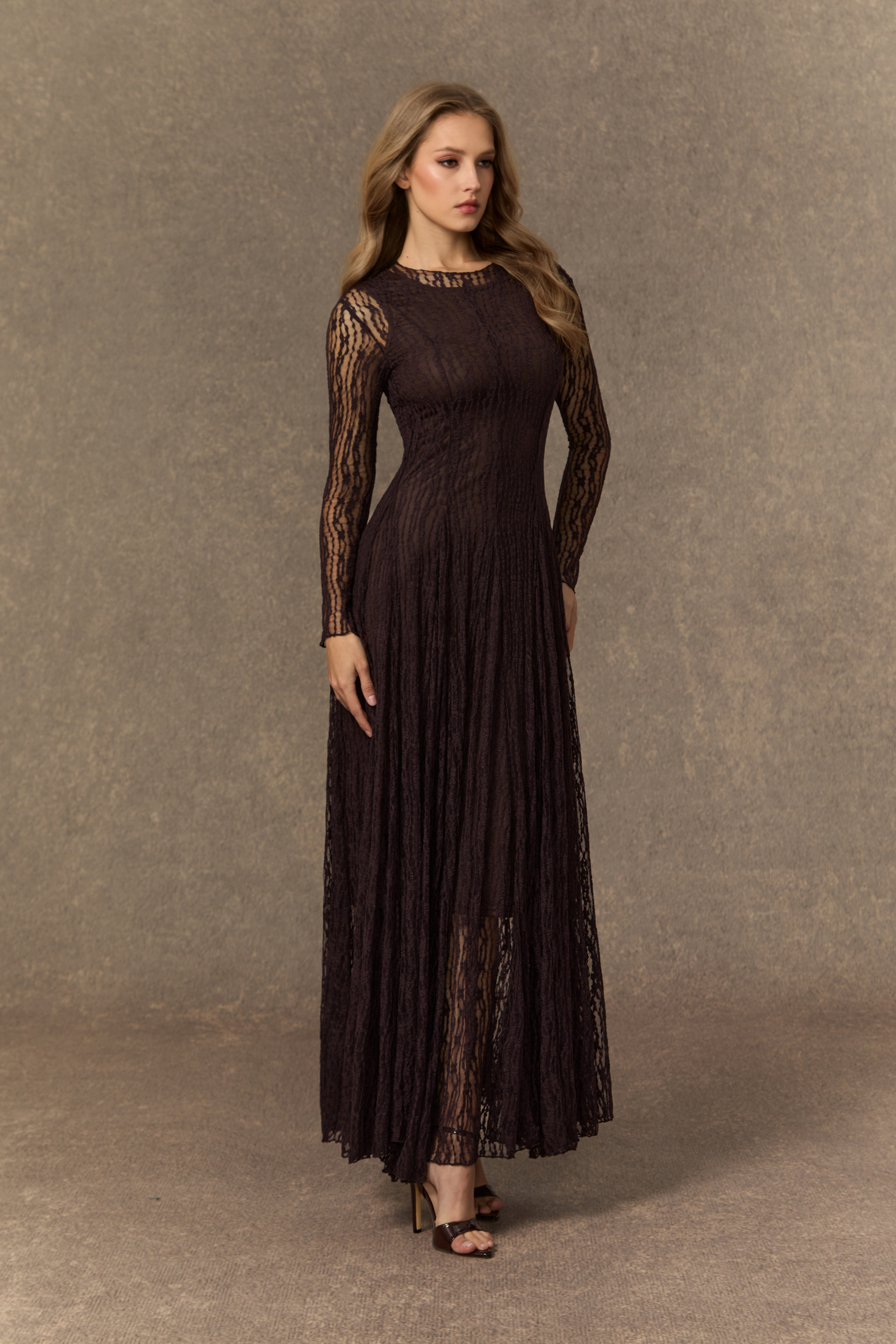 Momentous Moments Brown Sheer Lace Pleated Maxi Dress-purelyfable