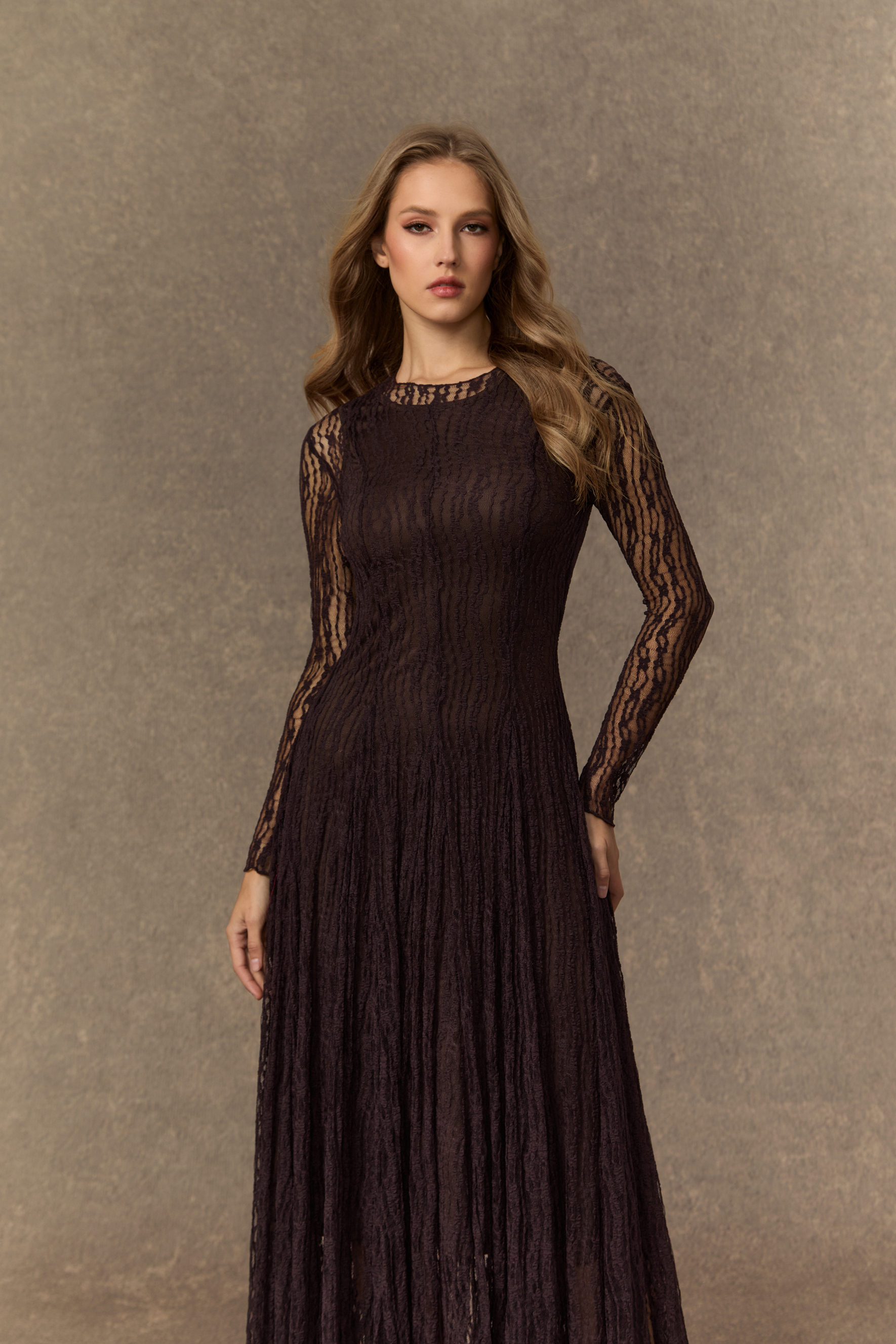 Momentous Moments Brown Sheer Lace Pleated Maxi Dress-purelyfable