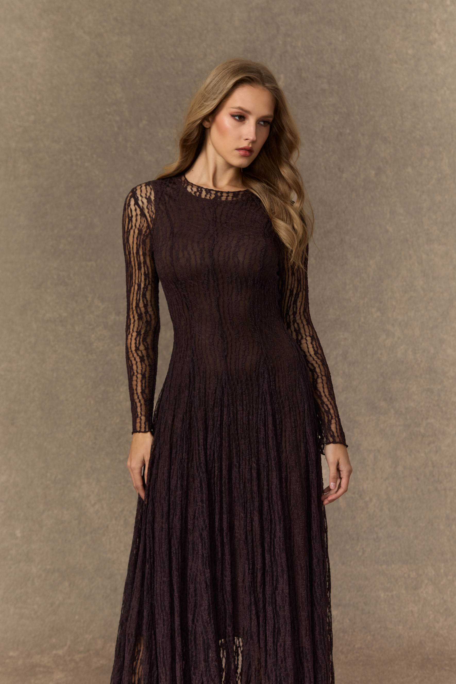 Momentous Moments Brown Sheer Lace Pleated Maxi Dress-purelyfable