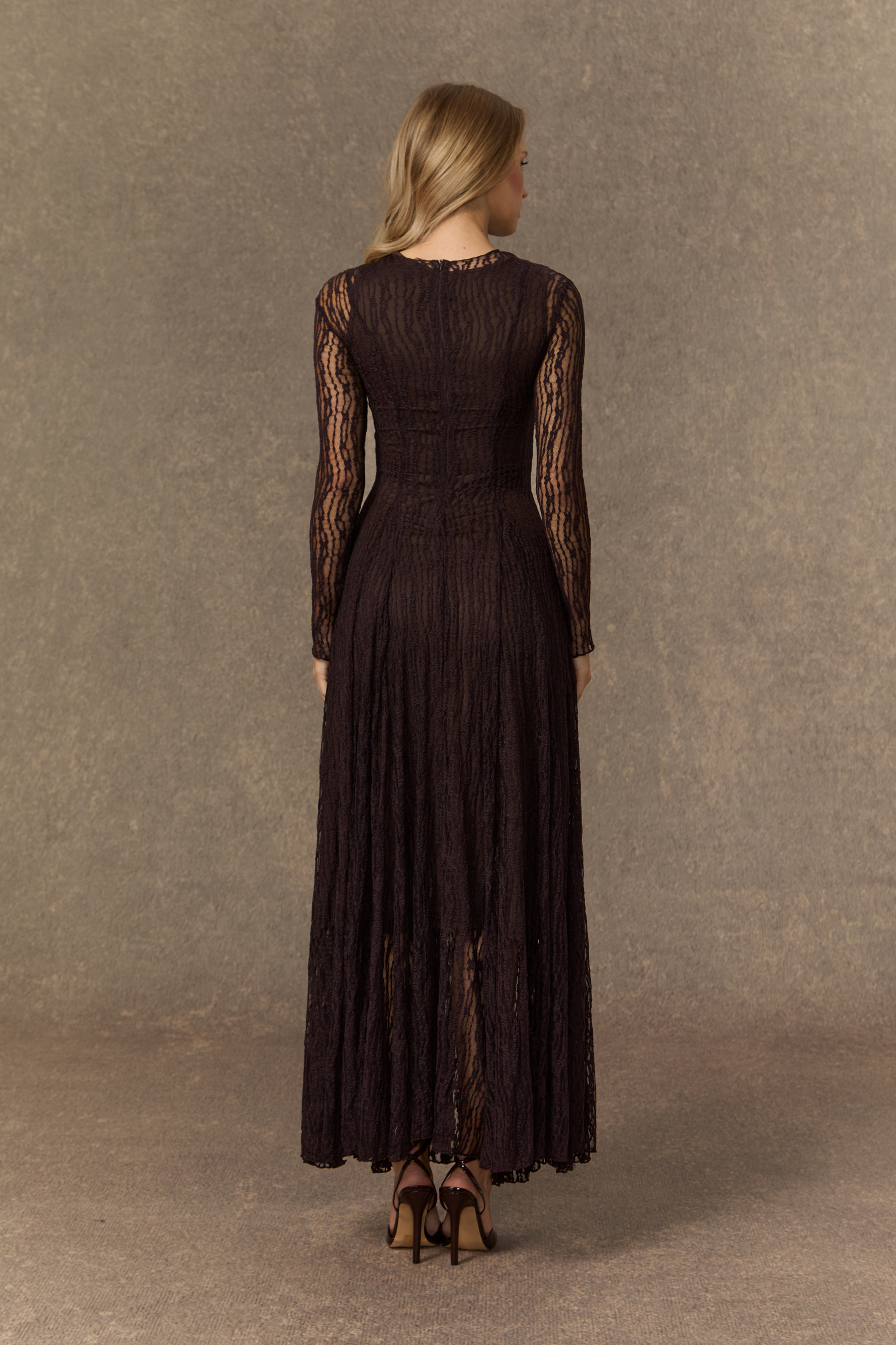 Momentous Moments Brown Sheer Lace Pleated Maxi Dress-purelyfable