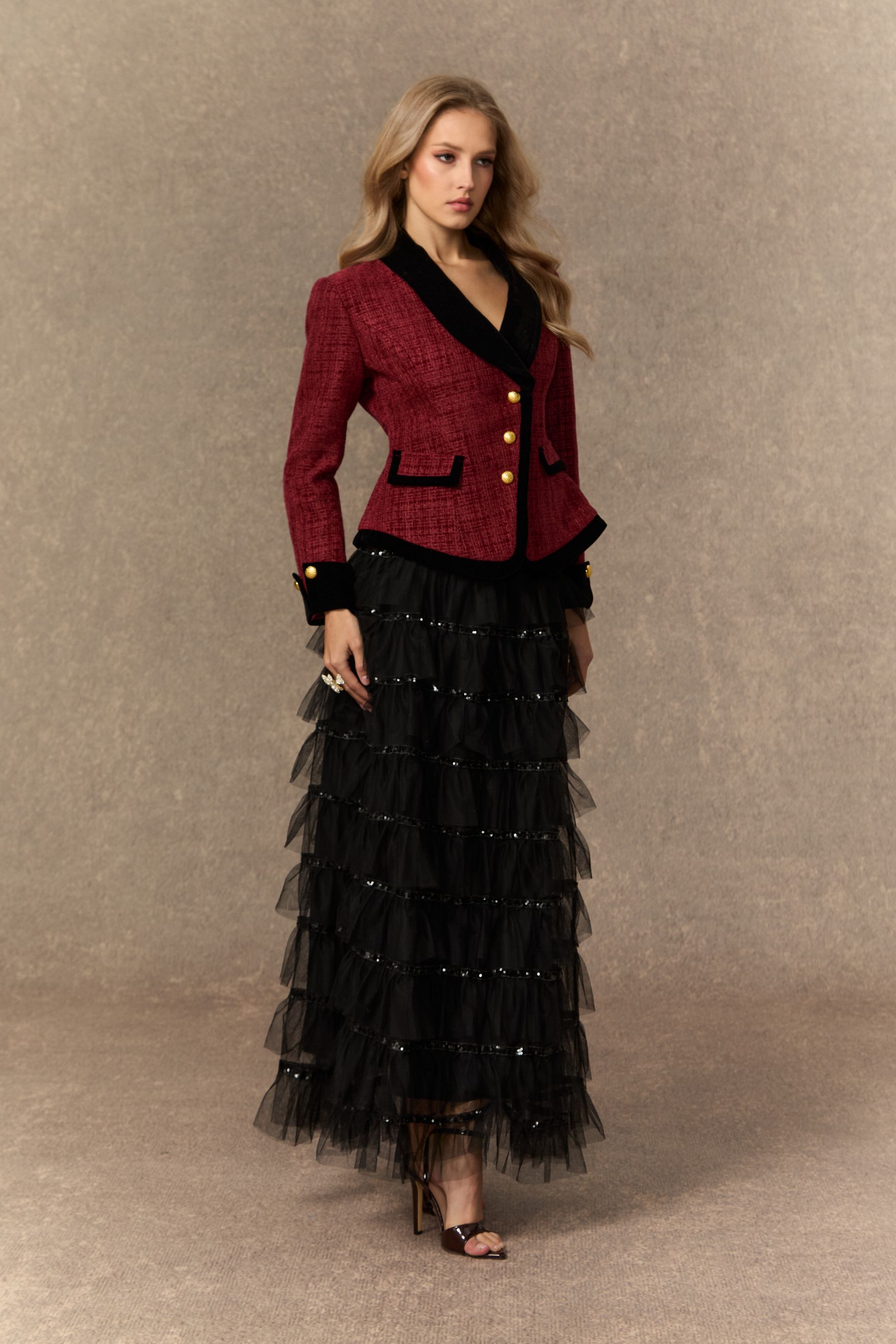 Graceful Arrival Burgundy Tweed Jacket & Tiered Tulle Skirt Set-purelyfable
