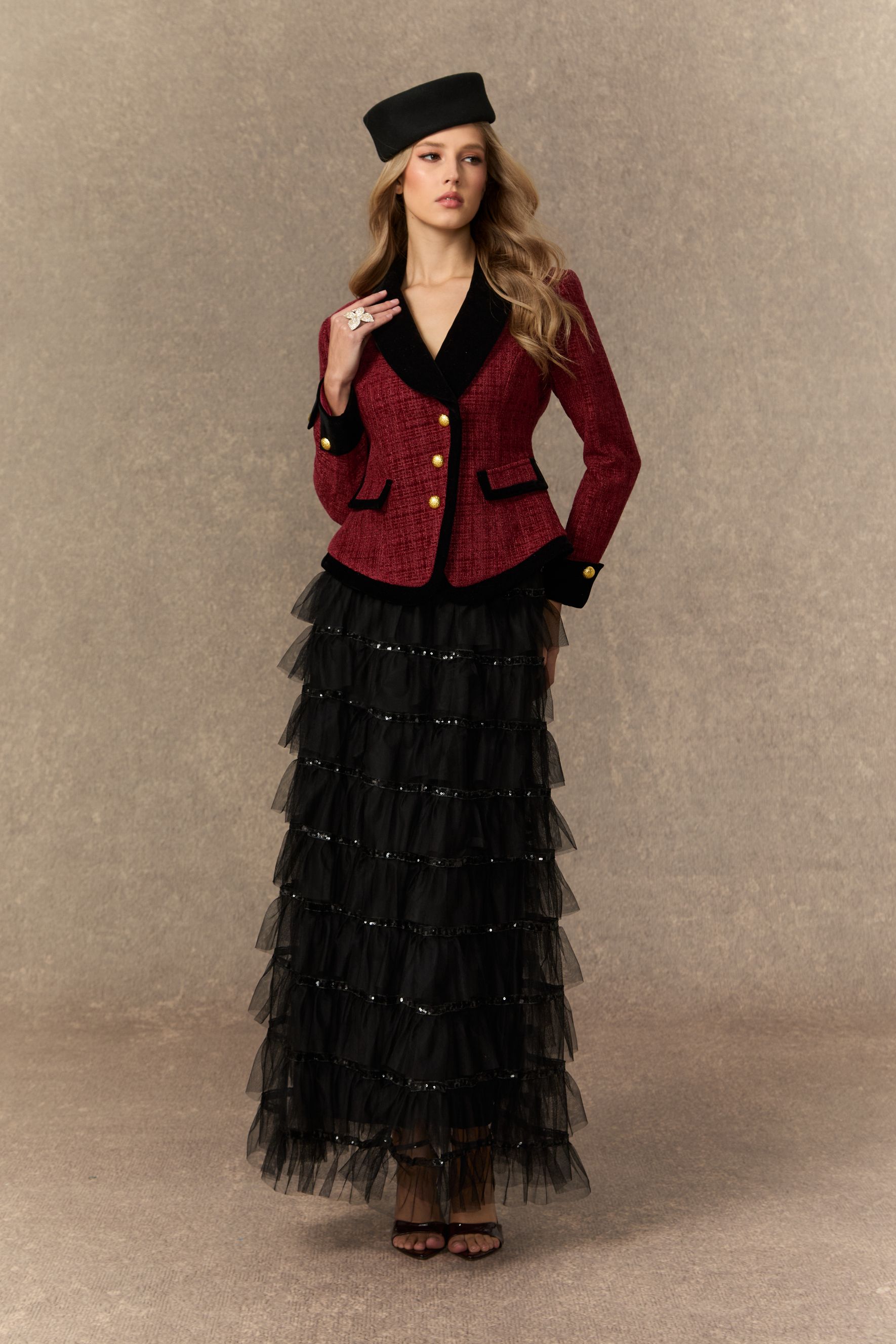 Graceful Arrival Burgundy Tweed Jacket & Tiered Tulle Skirt Set-purelyfable