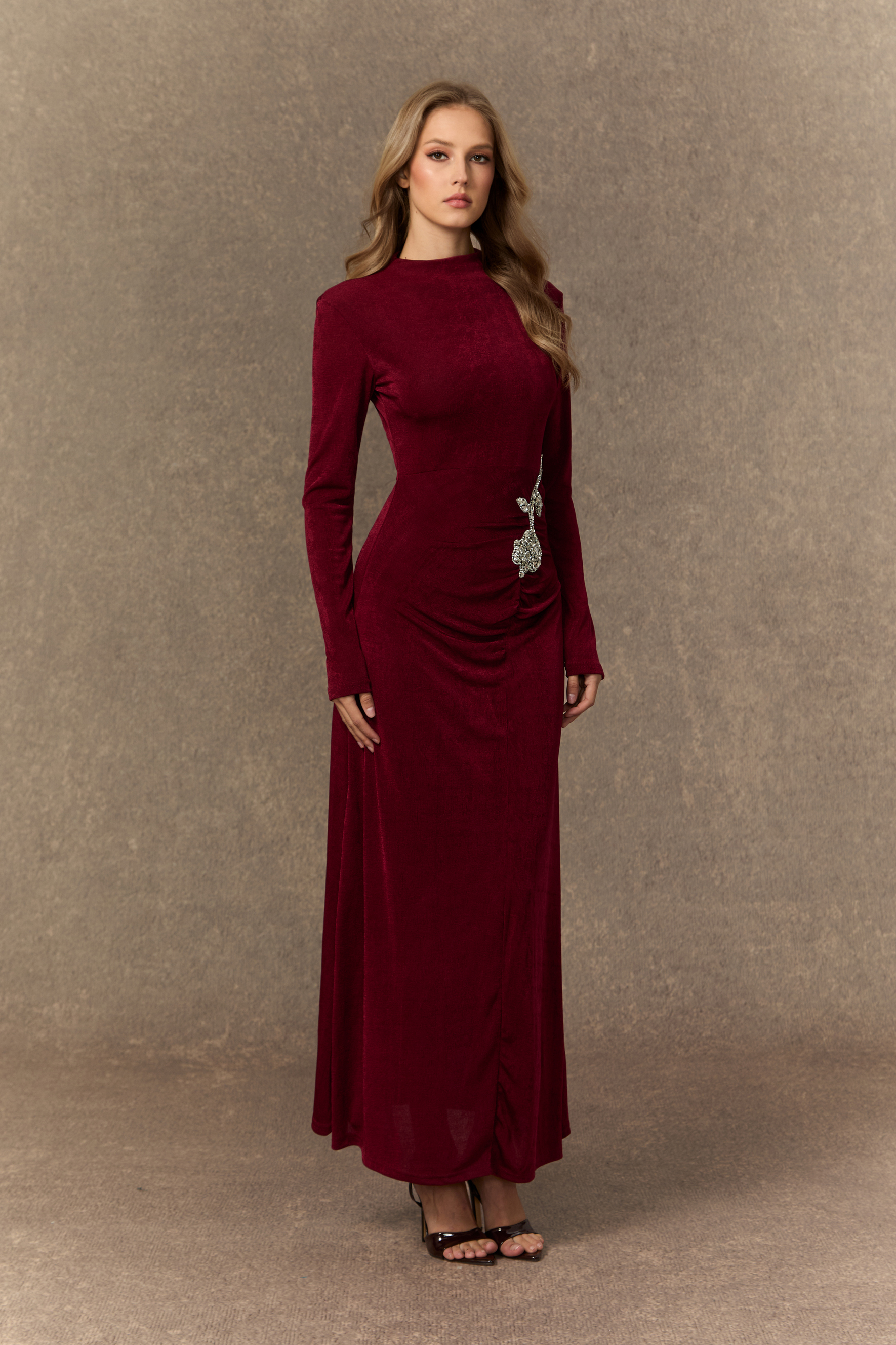 Adoring Me Burgundy Crystal Rose Ruched Maxi Dress-purelyfable