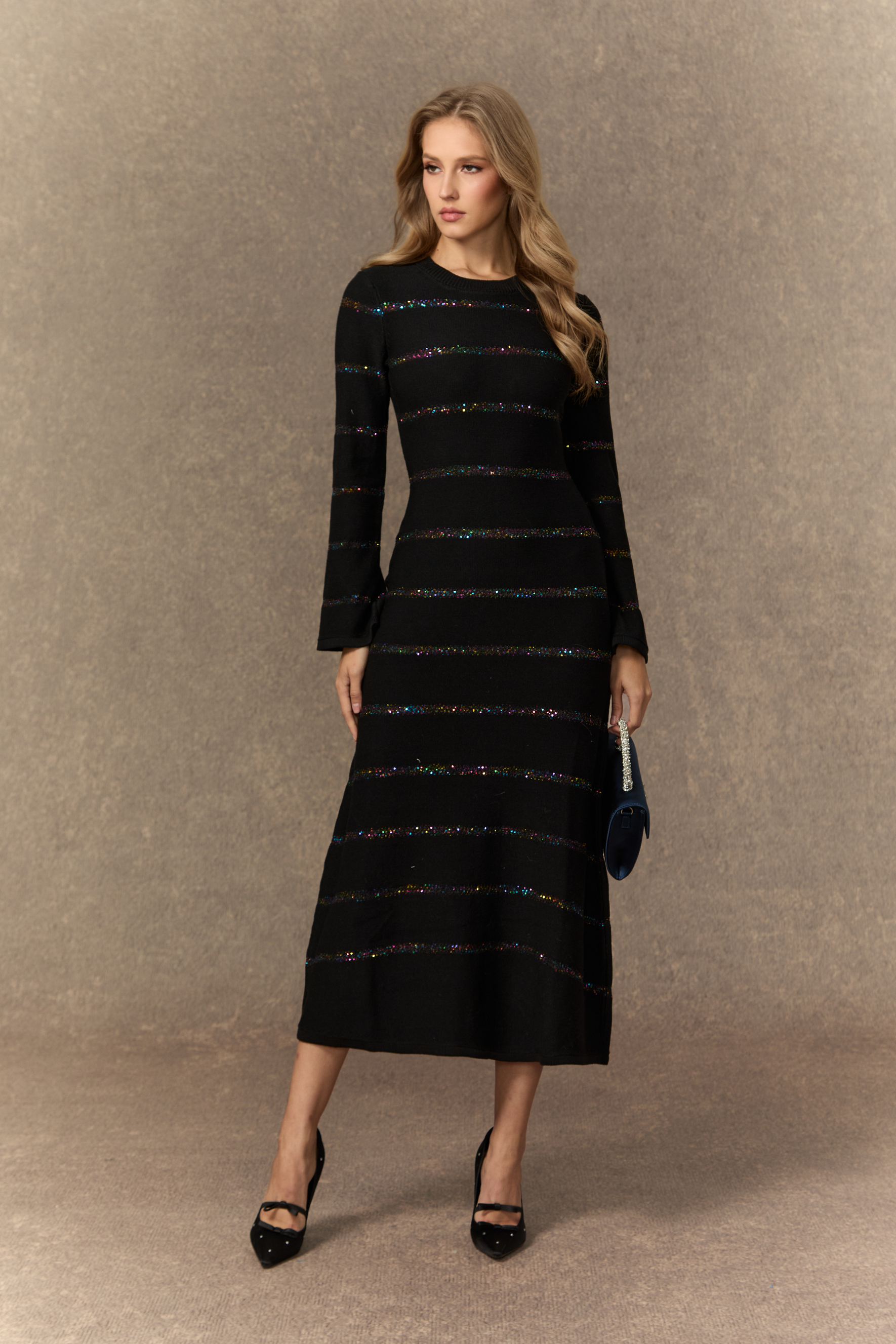 Soulful Nights Black Sequin Embellished Knit Midi Dress-purelyfable
