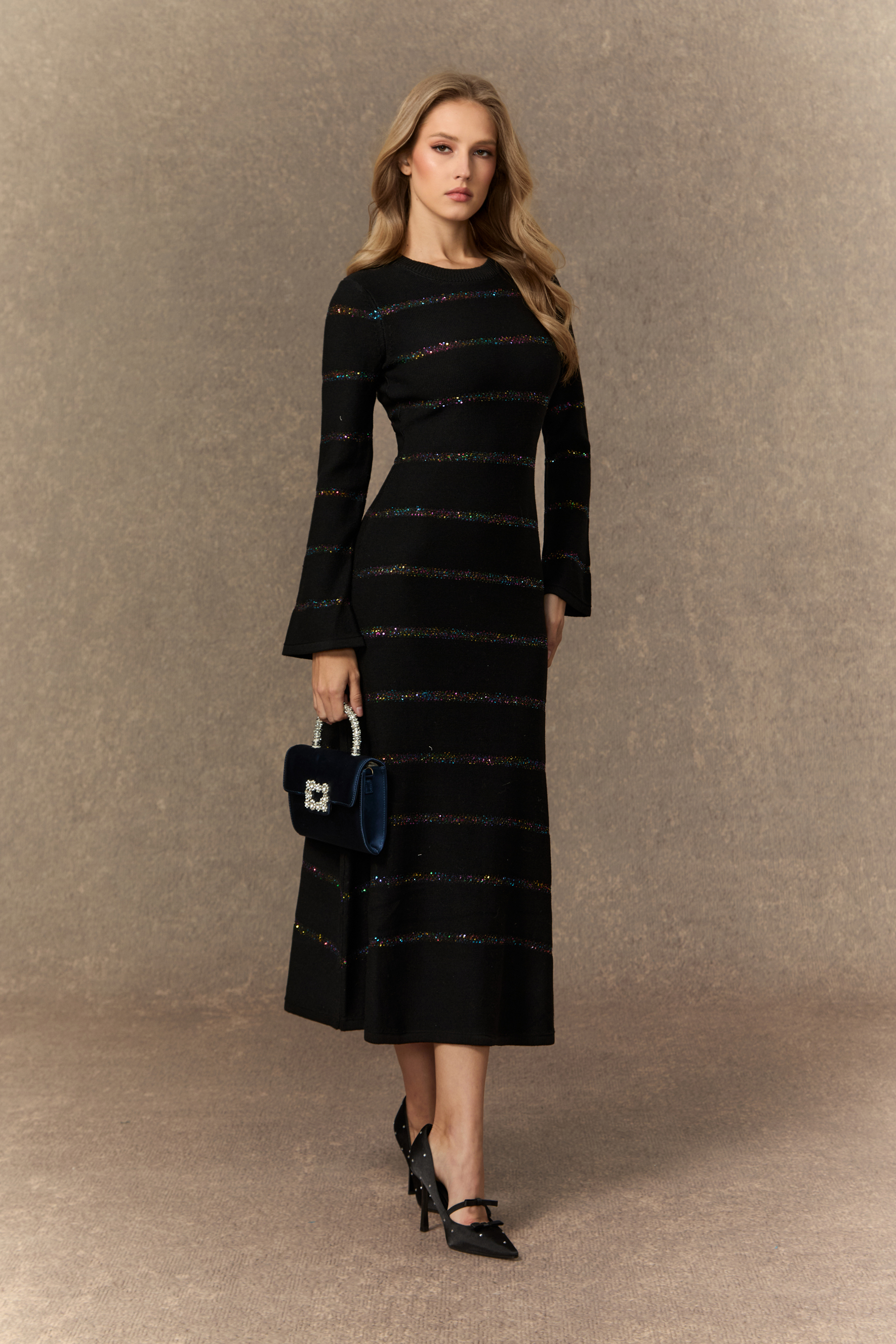 Soulful Nights Black Sequin Embellished Knit Midi Dress-purelyfable