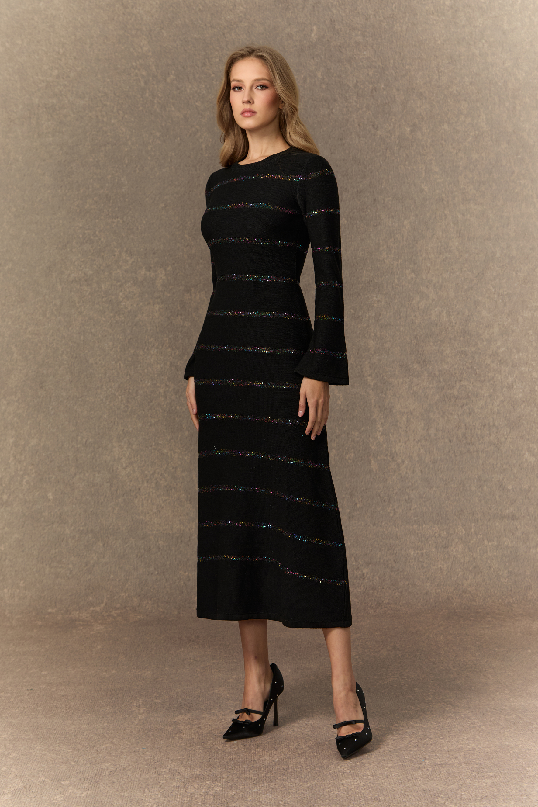 Soulful Nights Black Sequin Embellished Knit Midi Dress-purelyfable