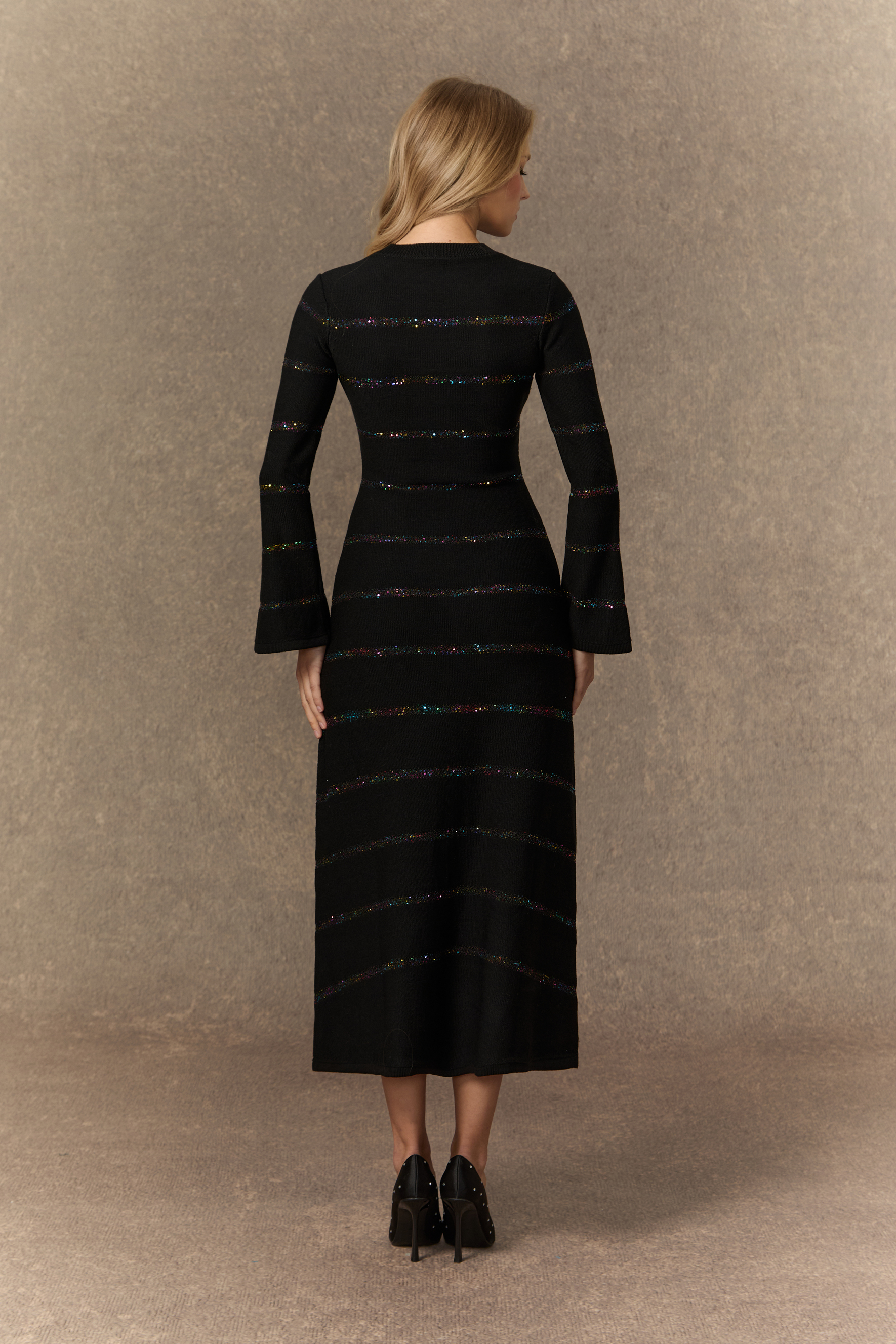 Soulful Nights Black Sequin Embellished Knit Midi Dress-purelyfable