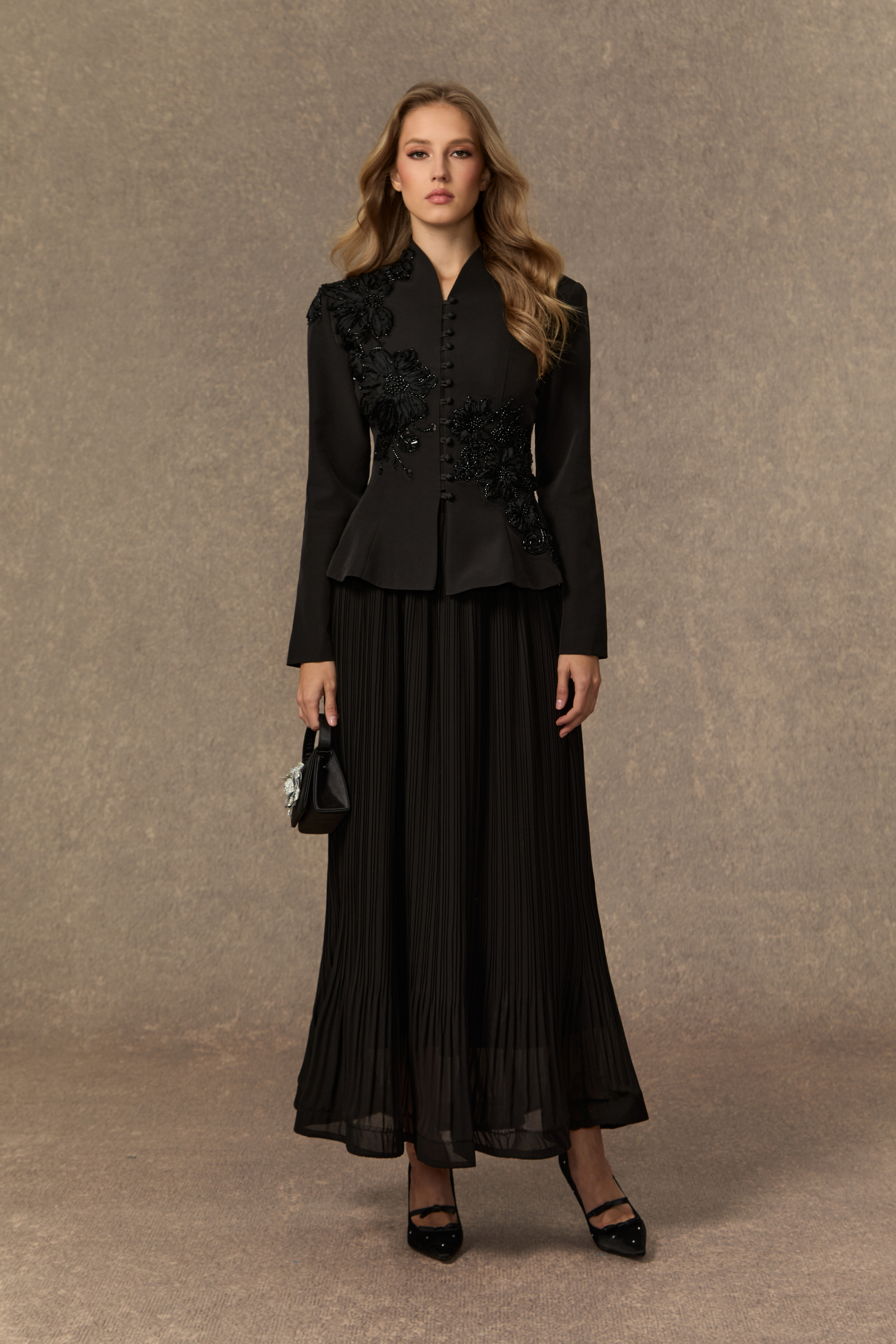 Graceful Arrival Black Lace Embroidered Jacket & Pleated Skirt Set-purelyfable