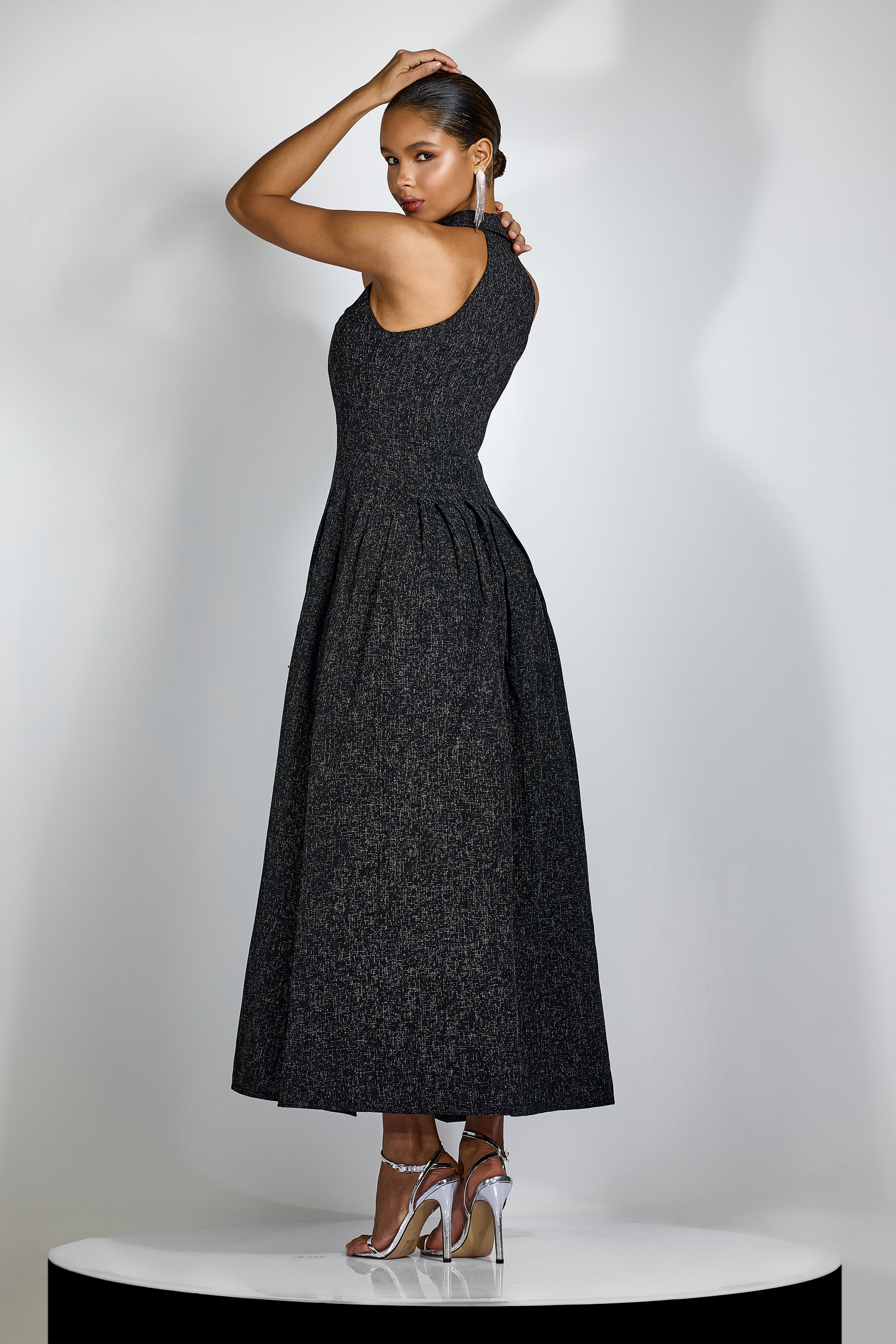 Alarice Shirt Collar Sleeveless Tweed Maxi Dress-purelyfable