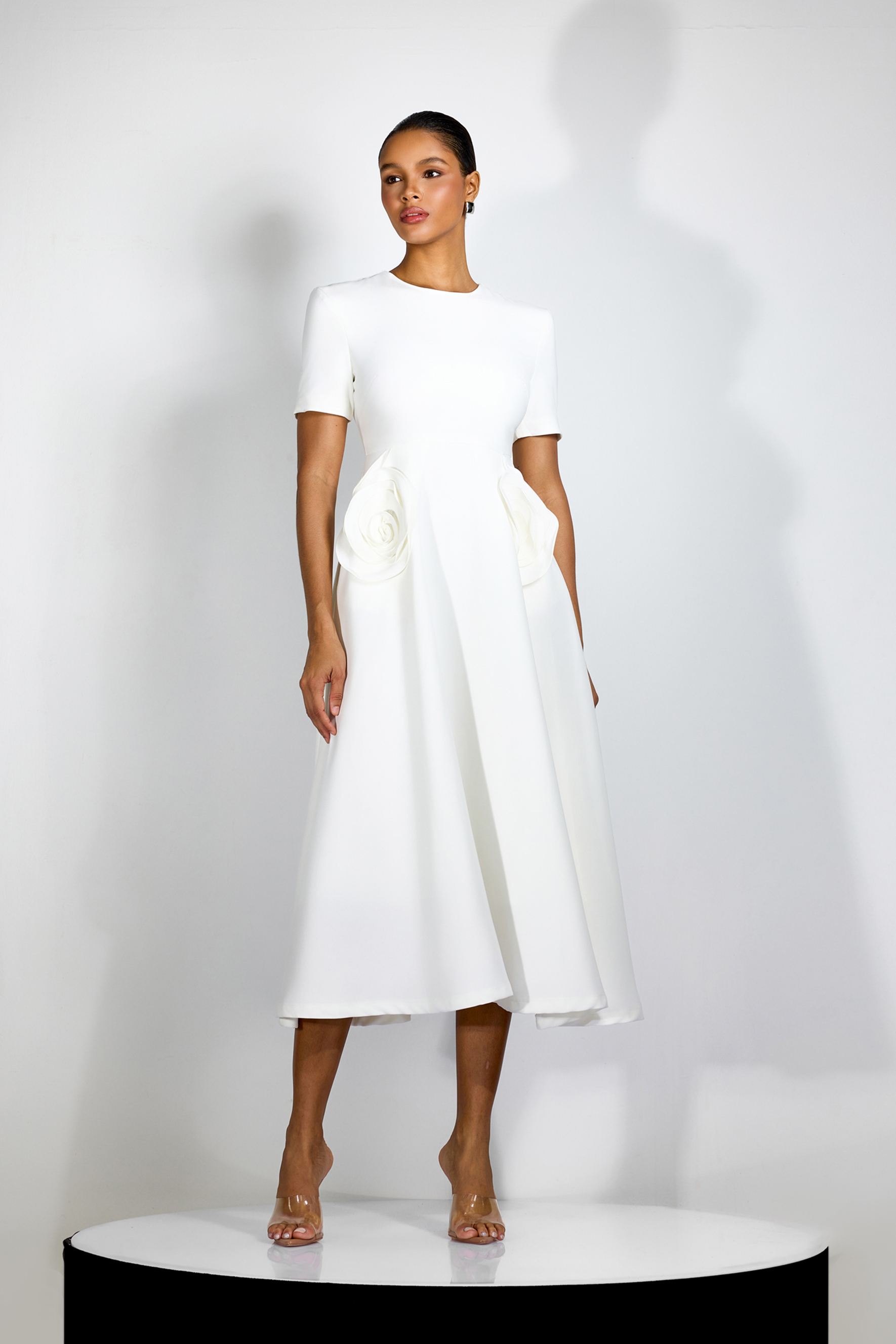 Ava Floral Applique Short Sleeves Midi Dress-purelyfable