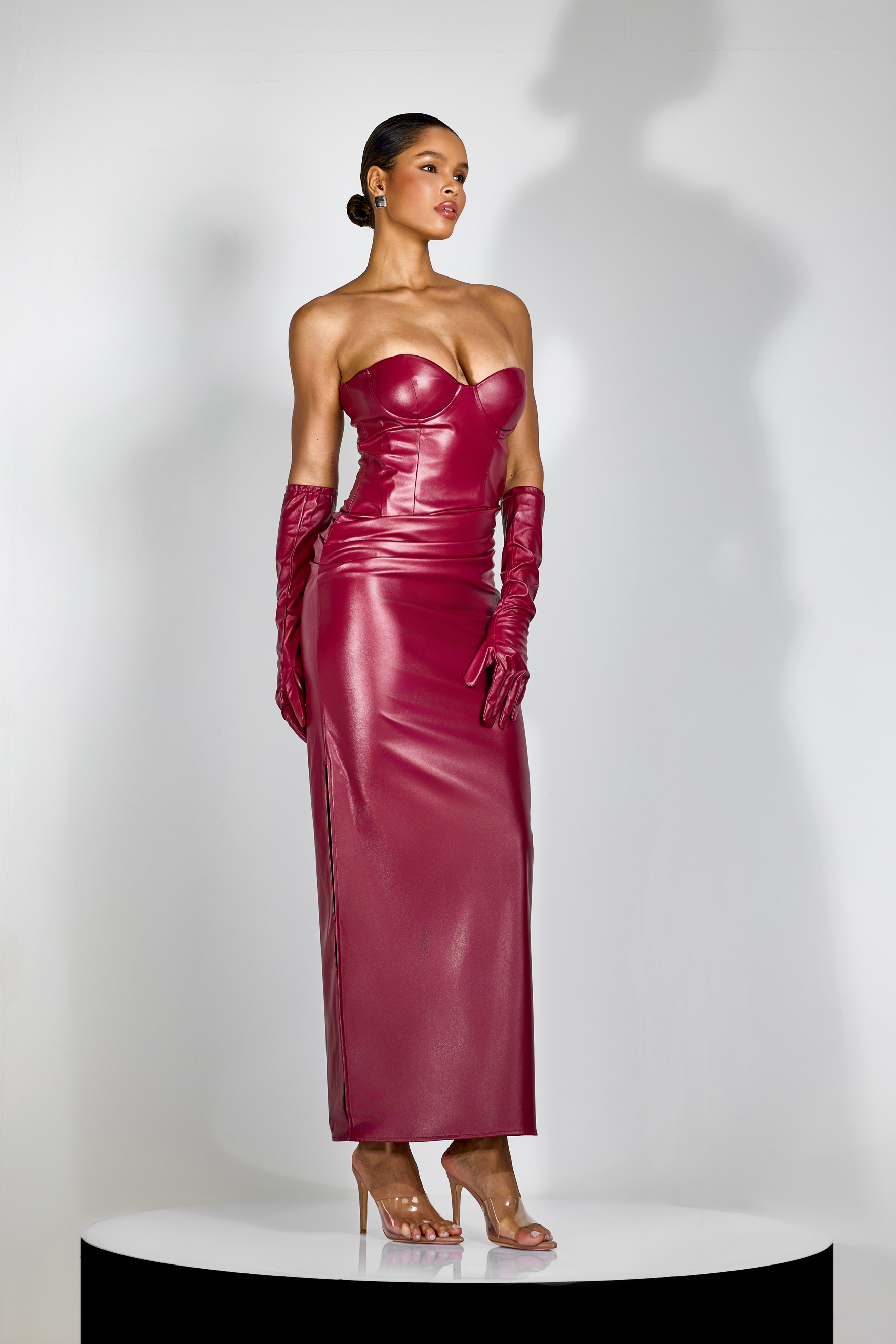Denise Strapless Ruched Faux Leather Maxi Dress-purelyfable