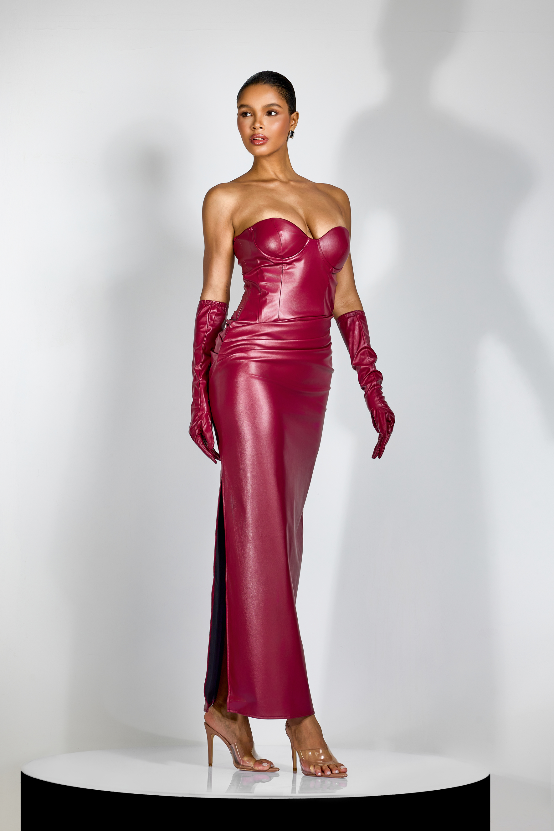 Denise Strapless Ruched Faux Leather Maxi Dress-purelyfable