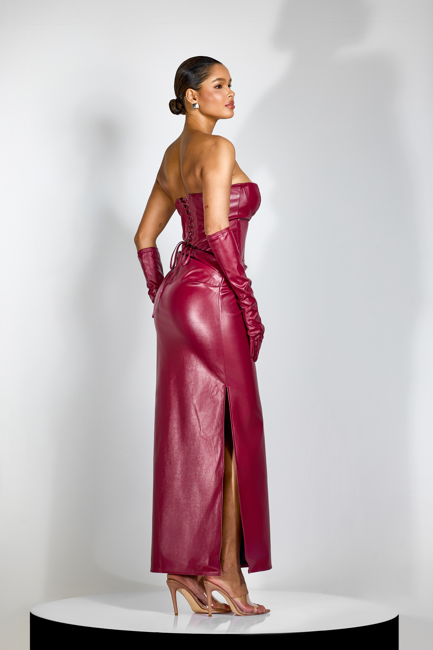Denise Strapless Ruched Faux Leather Maxi Dress-purelyfable