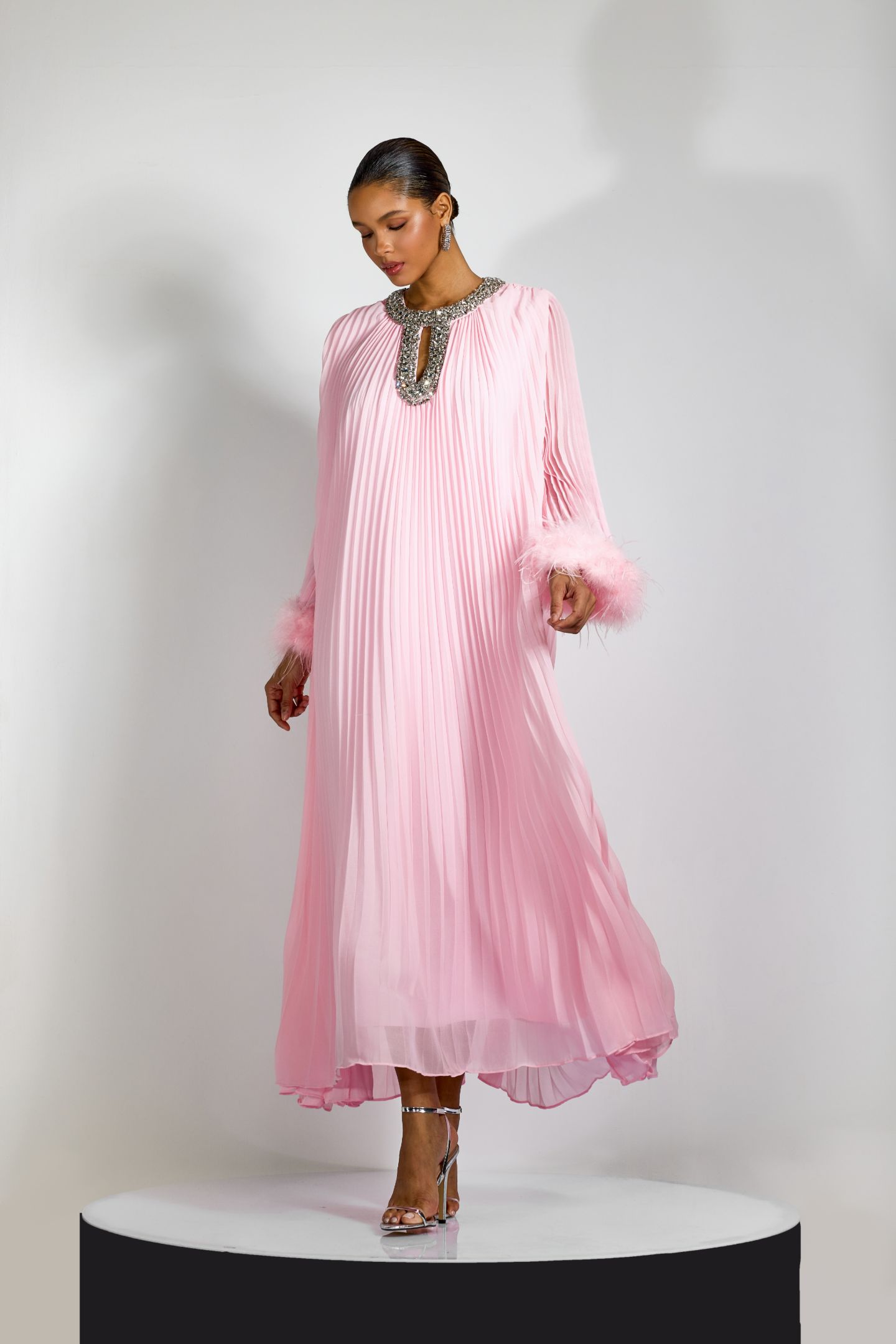 Yvonne Diamante Feathered Pleated Maxi Chiffon Dress-purelyfable