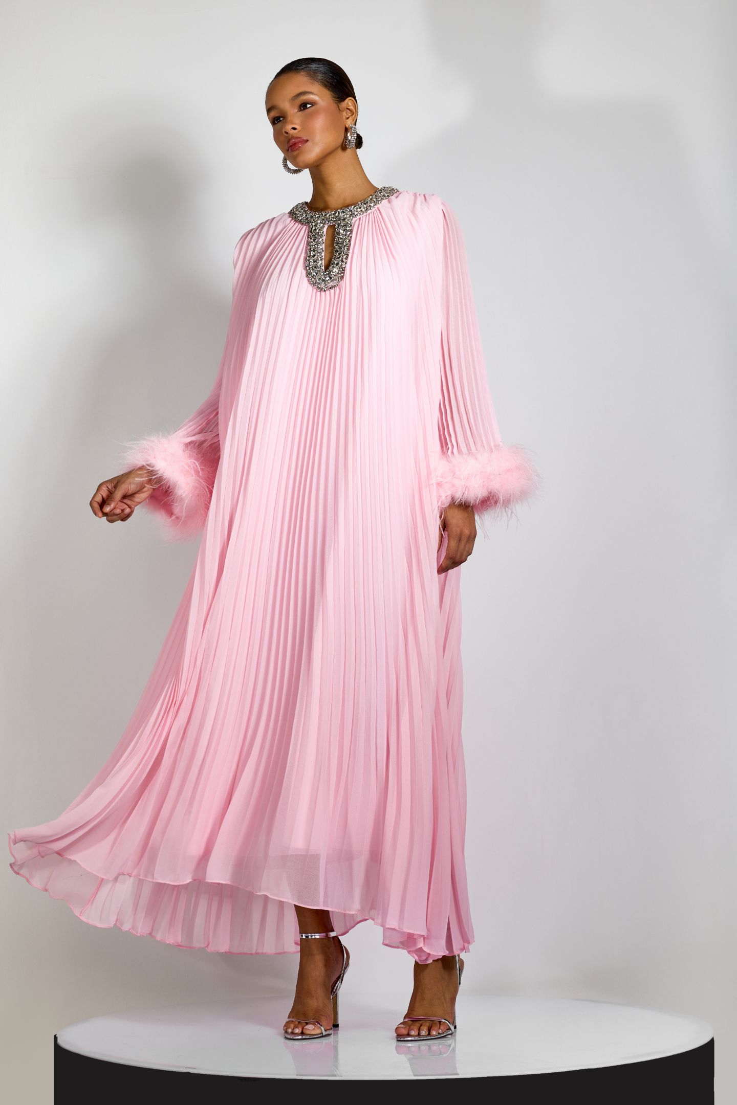 Yvonne Diamante Feathered Pleated Maxi Chiffon Dress-purelyfable