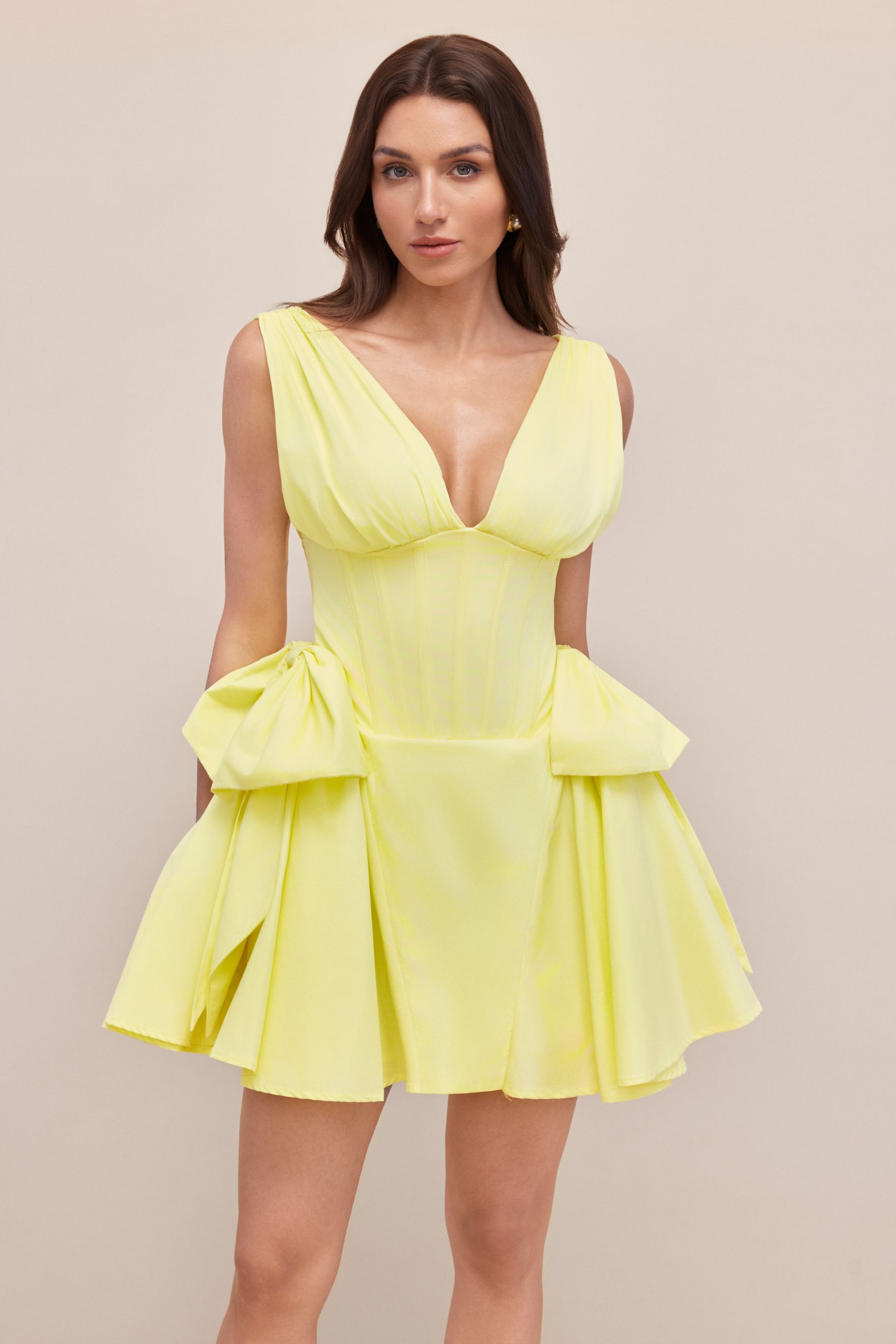 Ramona Deep V Neck Bowknot Mini Dress-purelyfable