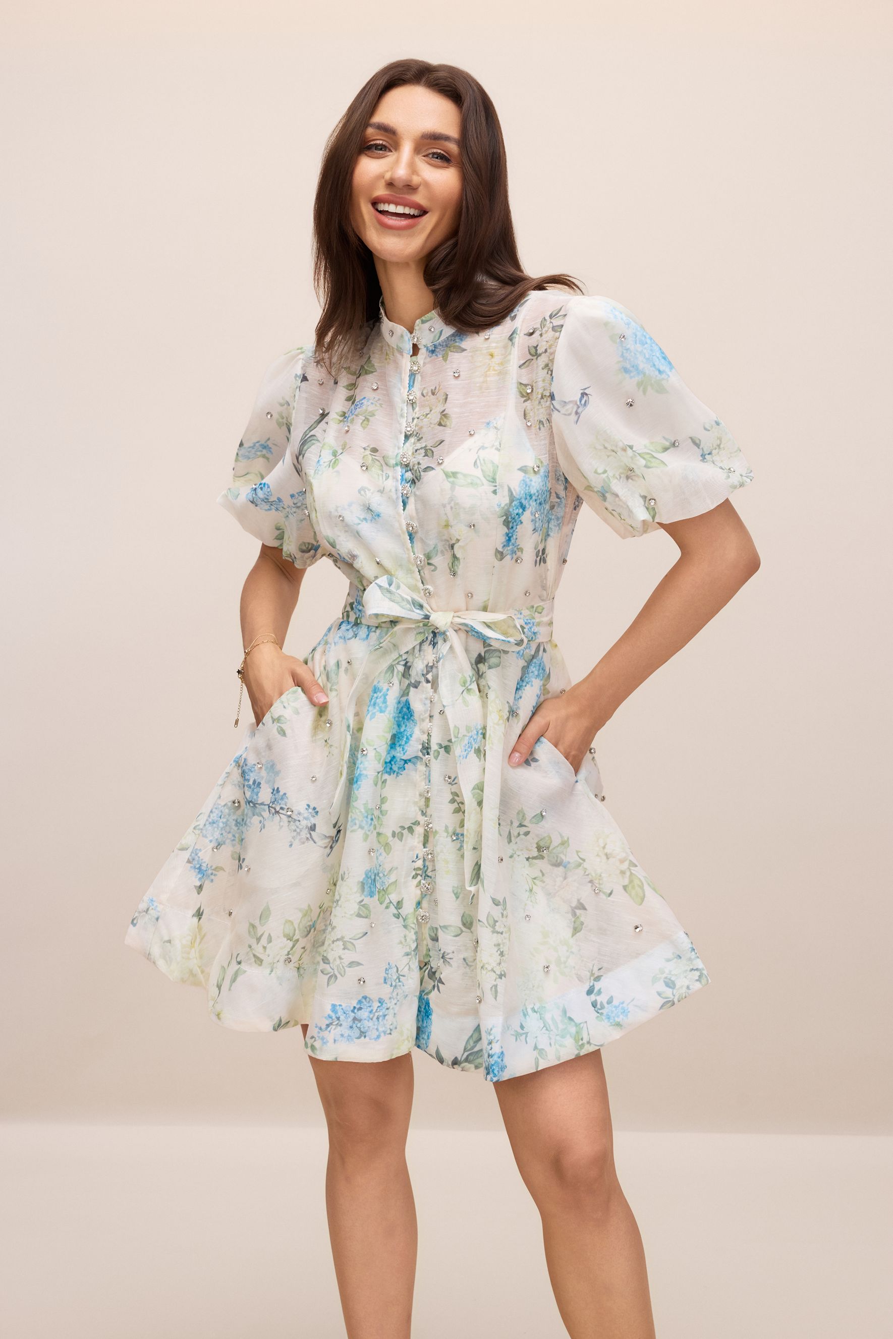 Caroline Floral Print Puff Sleeve Mini Dress-purelyfable
