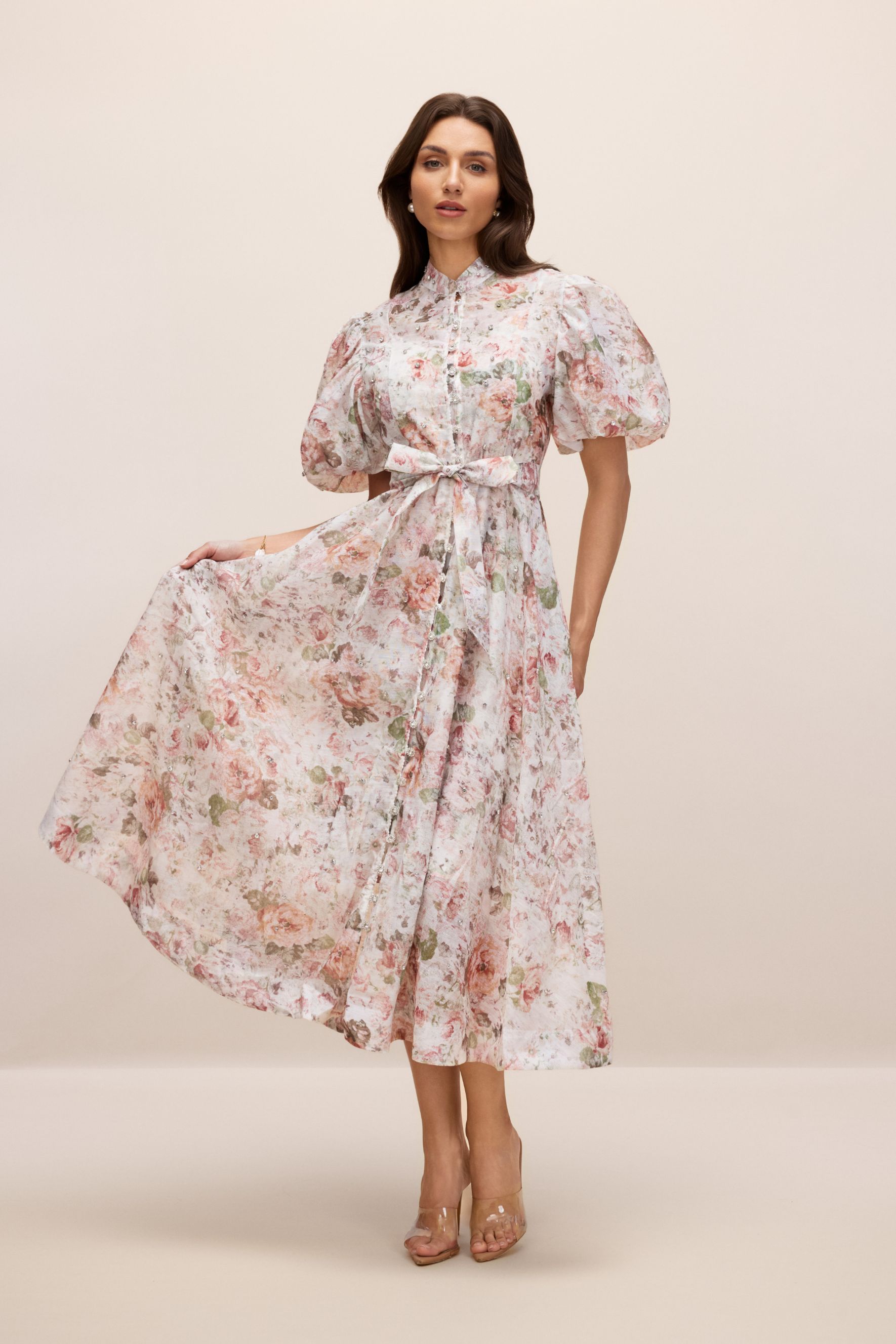 Serena Floral Print Puff Sleeve Midi Dress-purelyfable