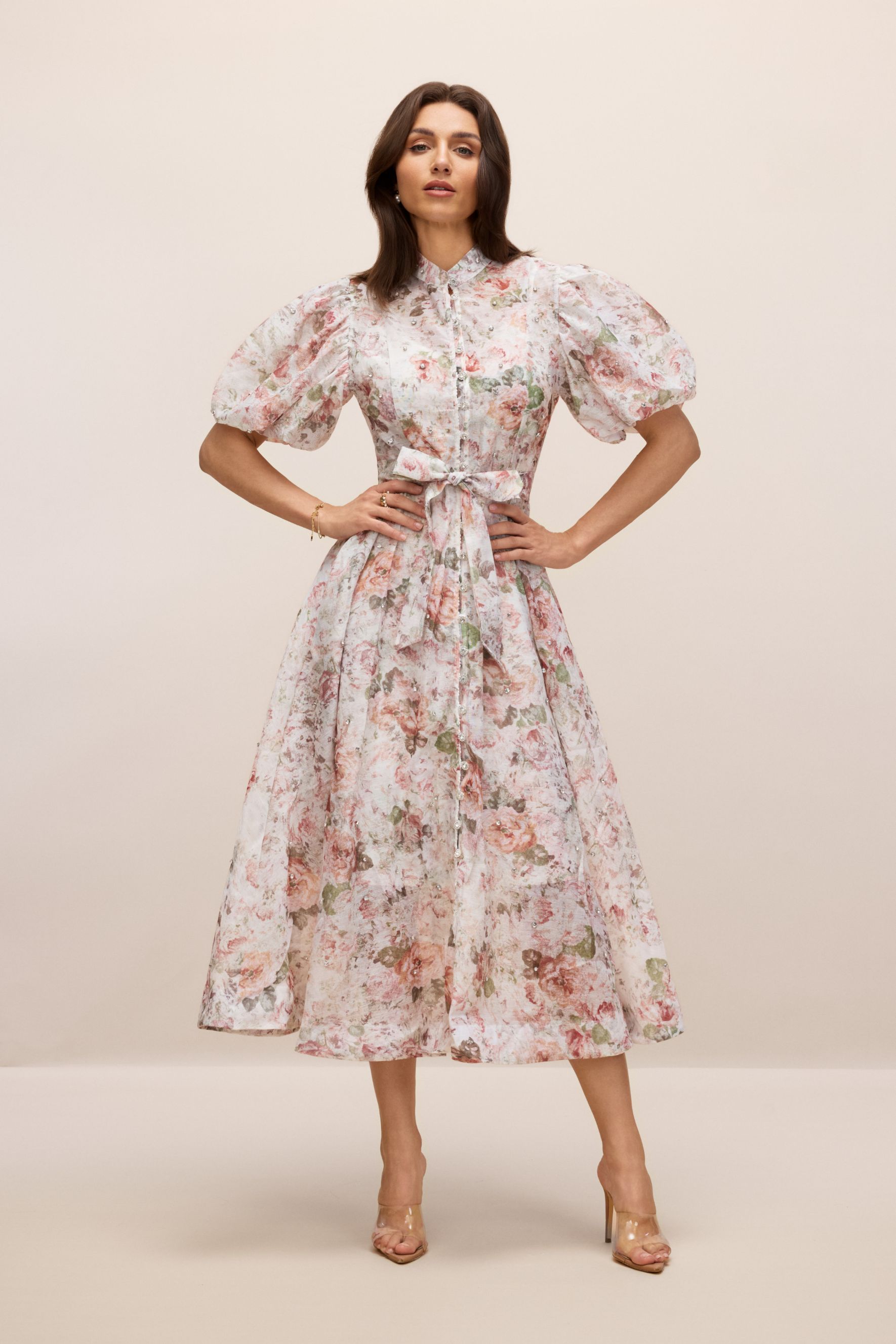 Serena Floral Print Puff Sleeve Midi Dress-purelyfable