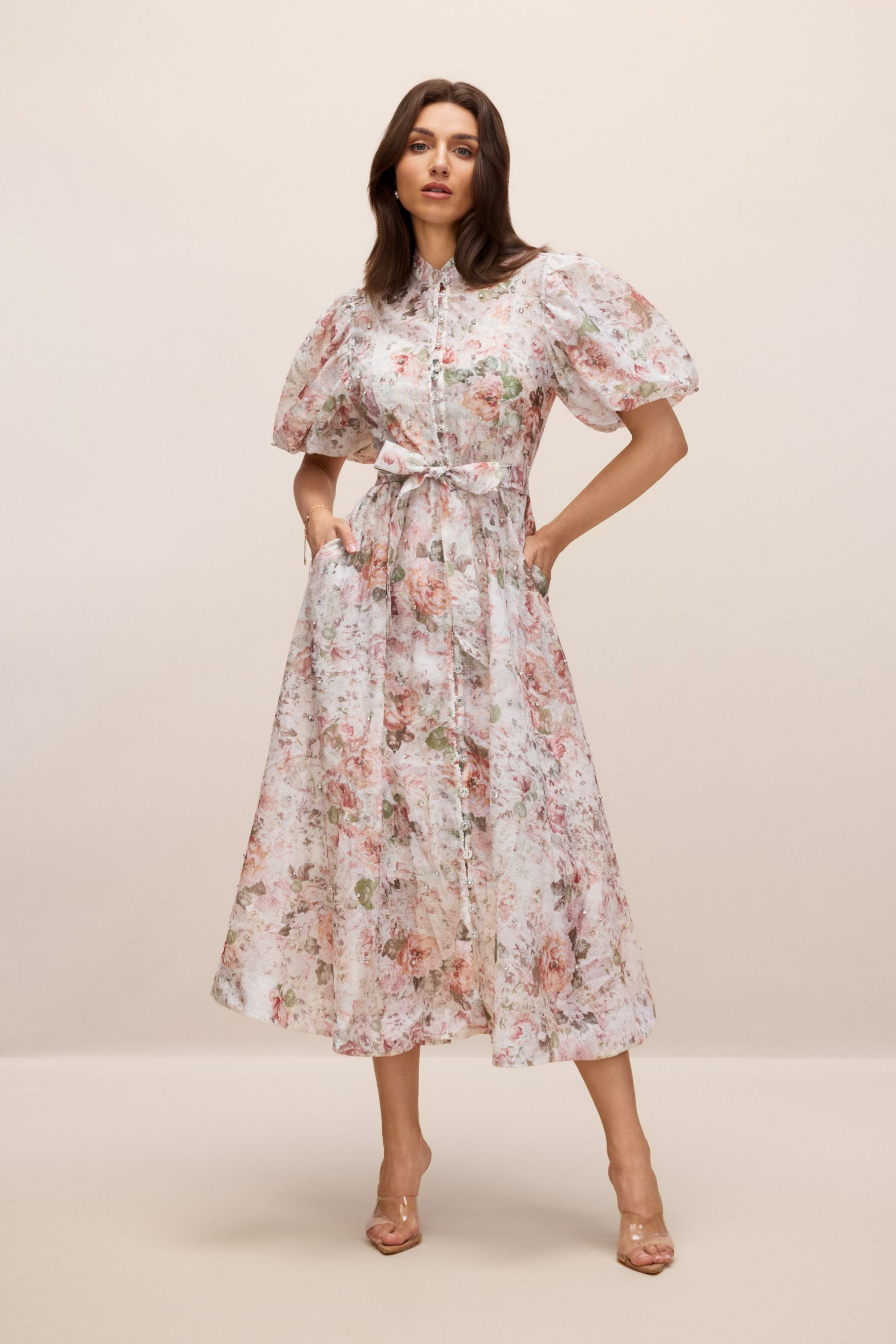 Serena Floral Print Puff Sleeve Midi Dress-purelyfable