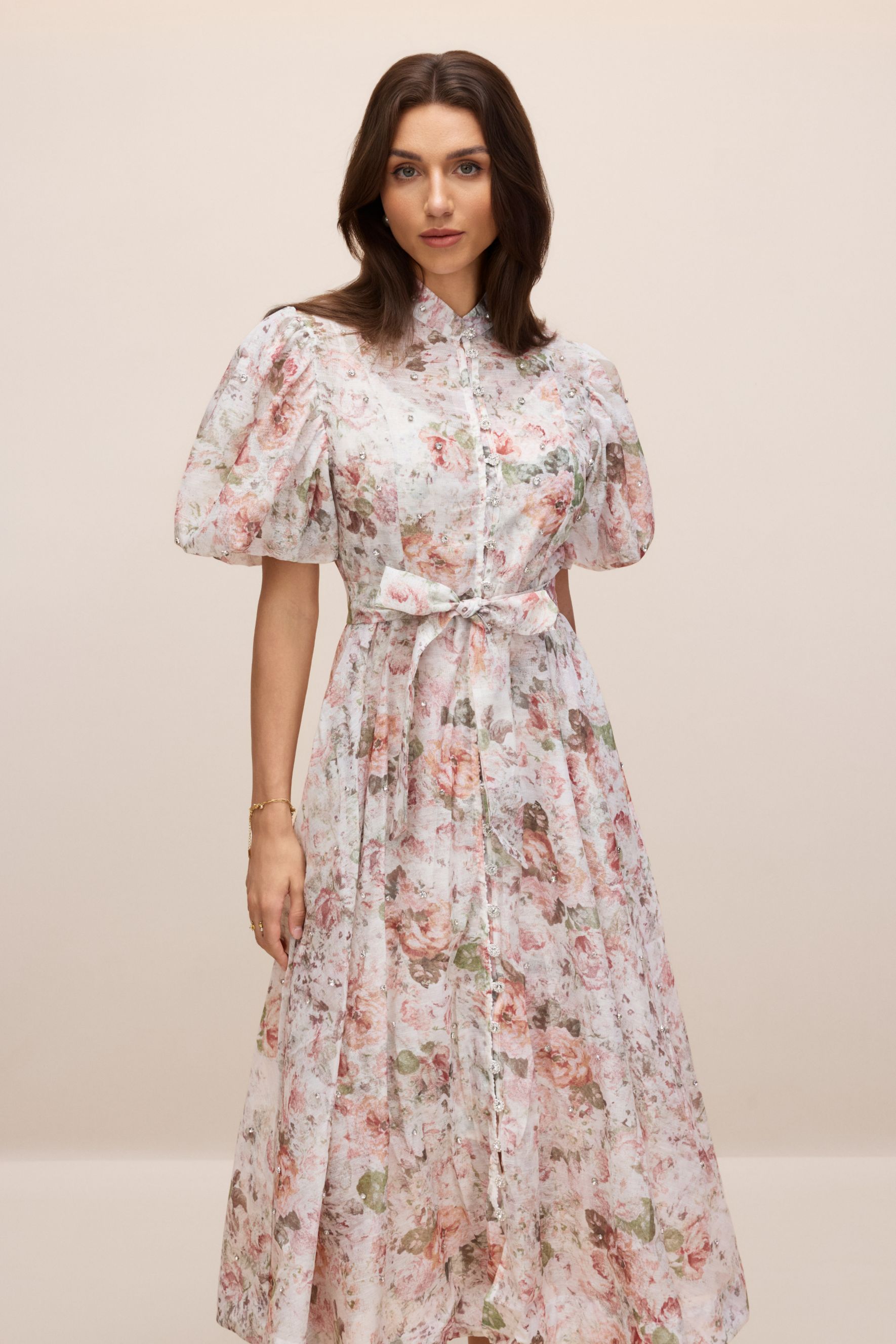 Serena Floral Print Puff Sleeve Midi Dress-purelyfable