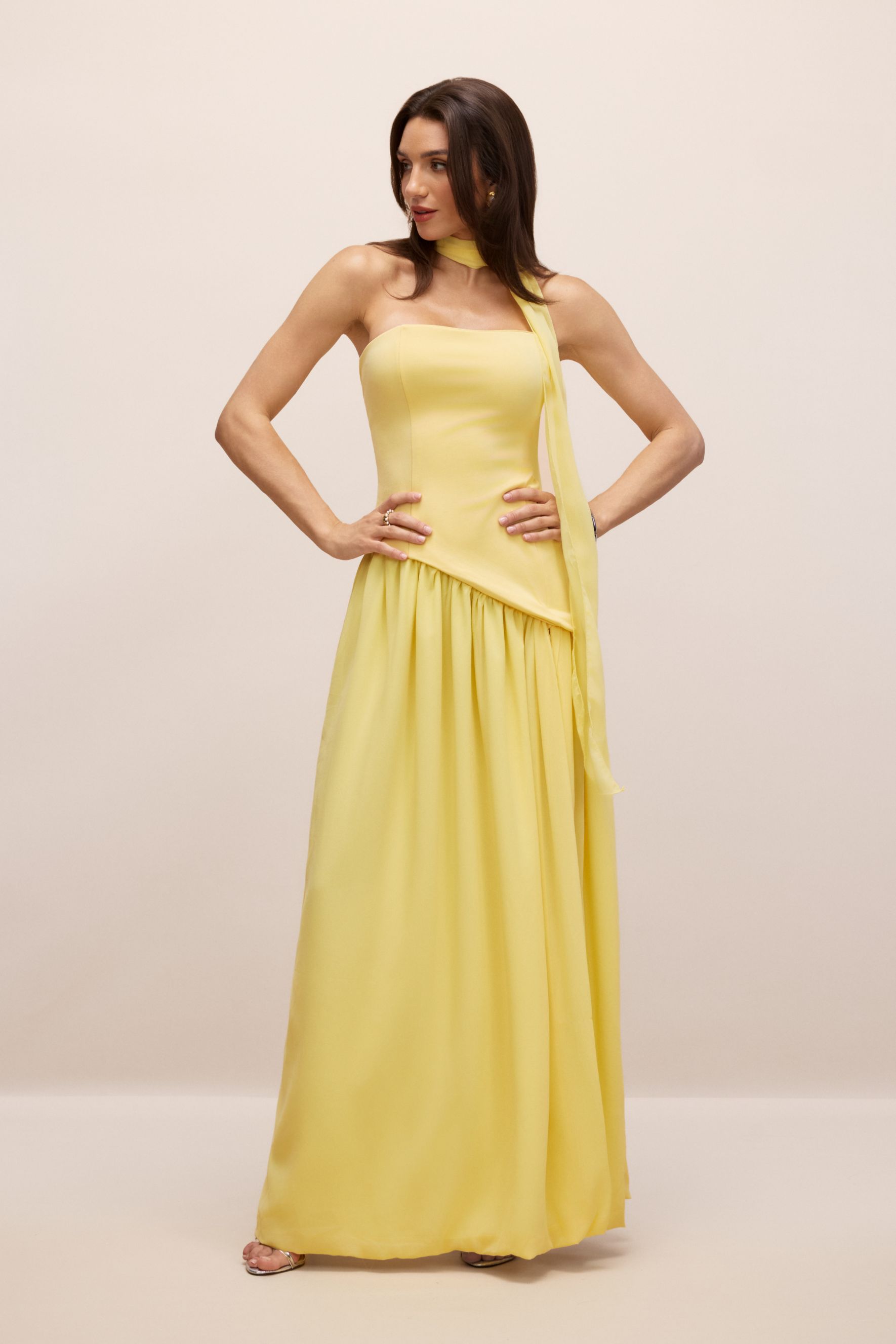 Paula High Slit Asymmetric Maxi Dress with Scarf-purelyfable