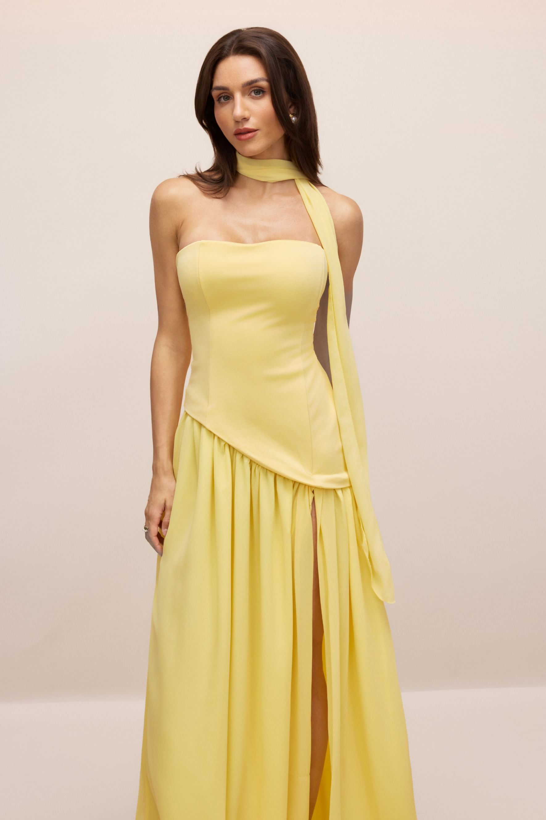 Paula High Slit Asymmetric Maxi Dress with Scarf-purelyfable