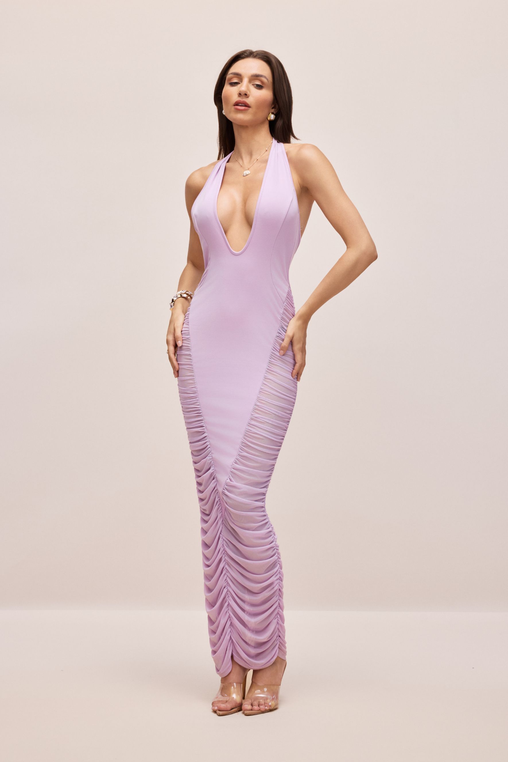 Renata Deep V Neck Ruched Maxi Dress-purelyfable