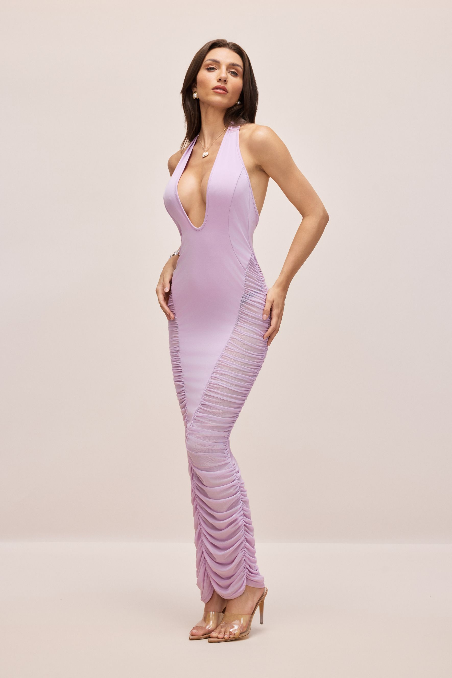 Renata Deep V Neck Ruched Maxi Dress-purelyfable