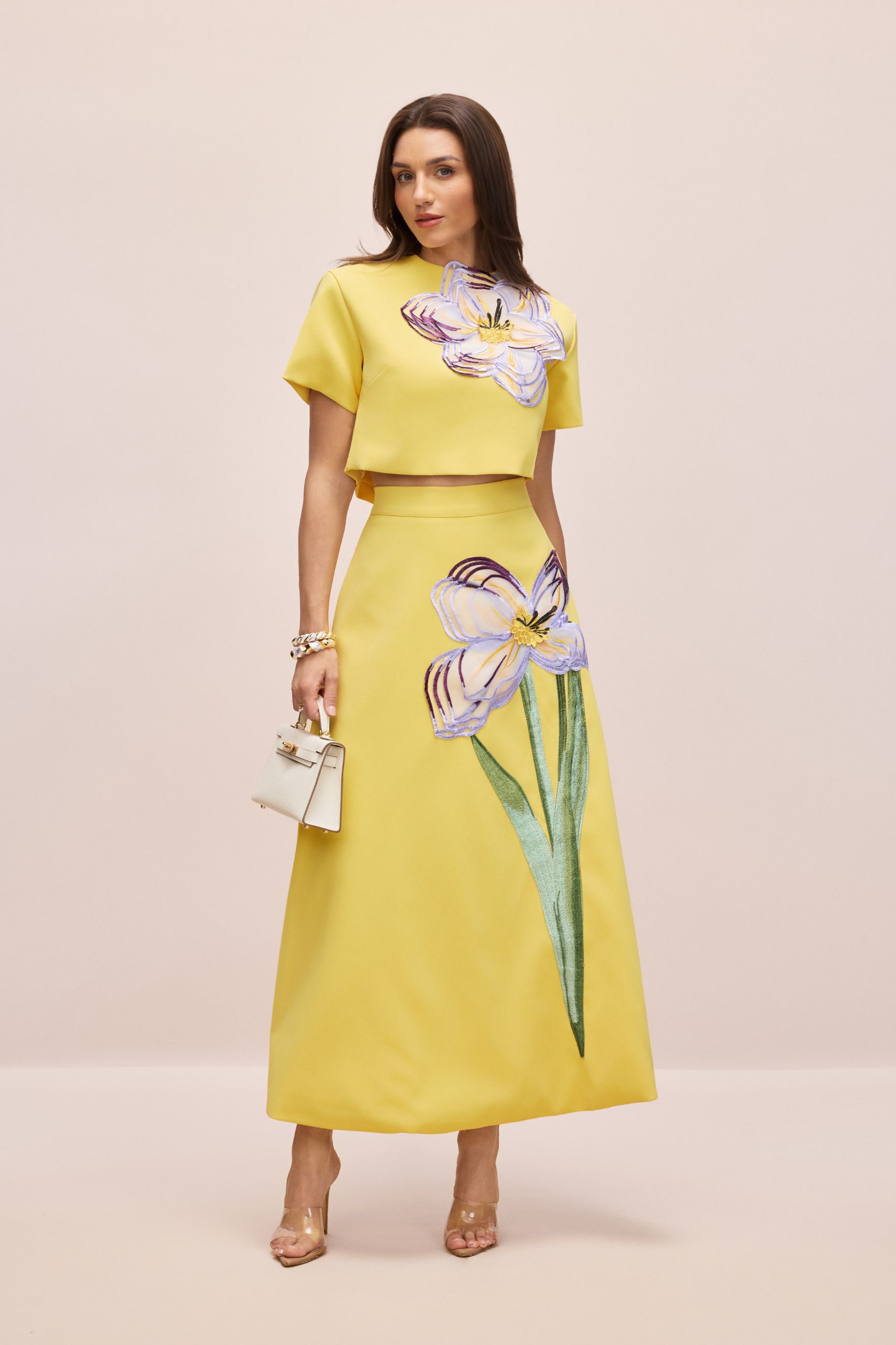 Angelica Floral Applique Short Sleeve Top & Skirt Set-purelyfable