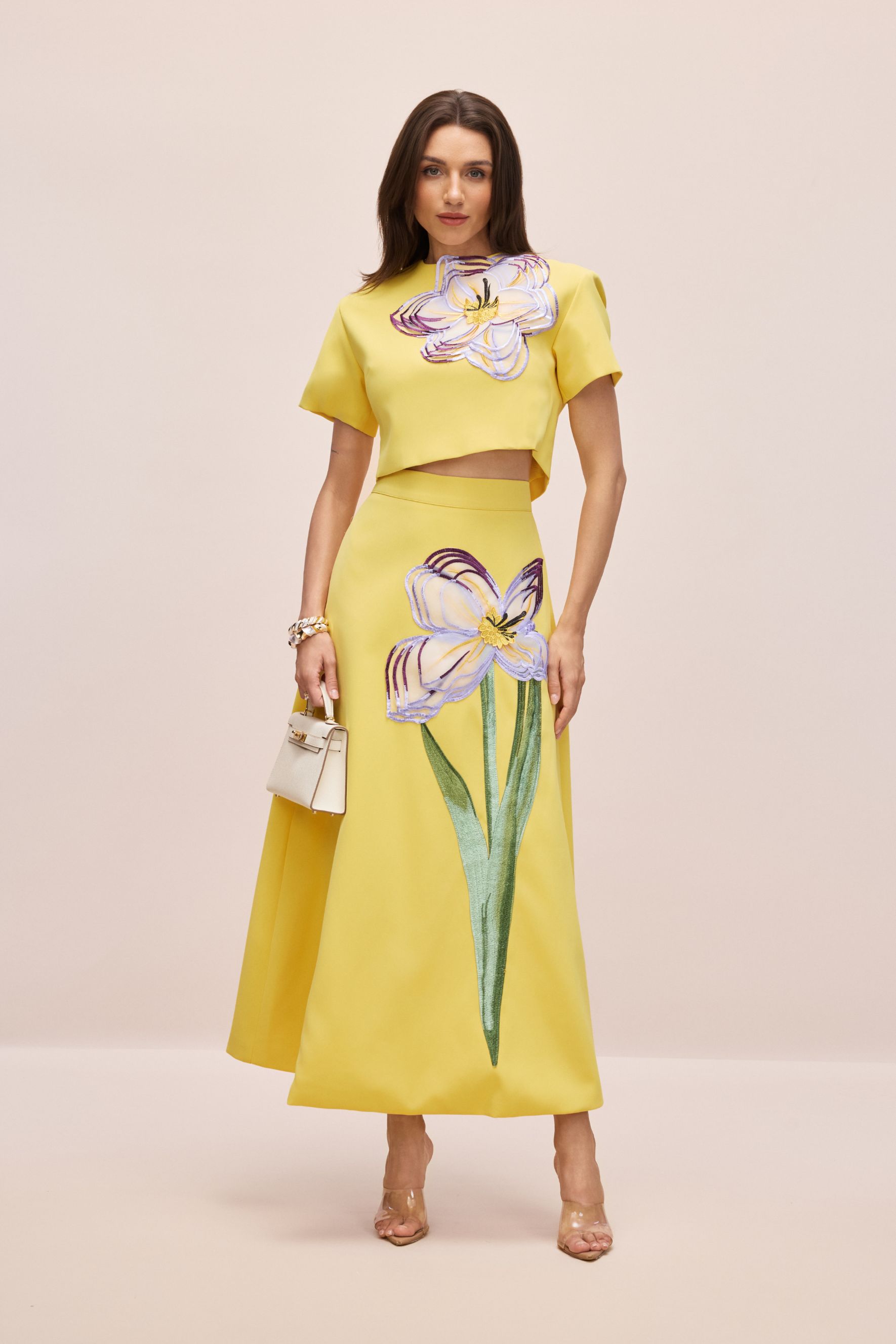 Angelica Floral Applique Short Sleeve Top & Skirt Set-purelyfable