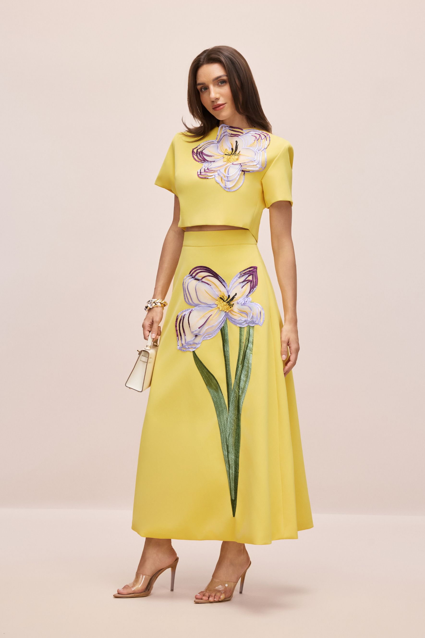 Angelica Floral Applique Short Sleeve Top & Skirt Set-purelyfable