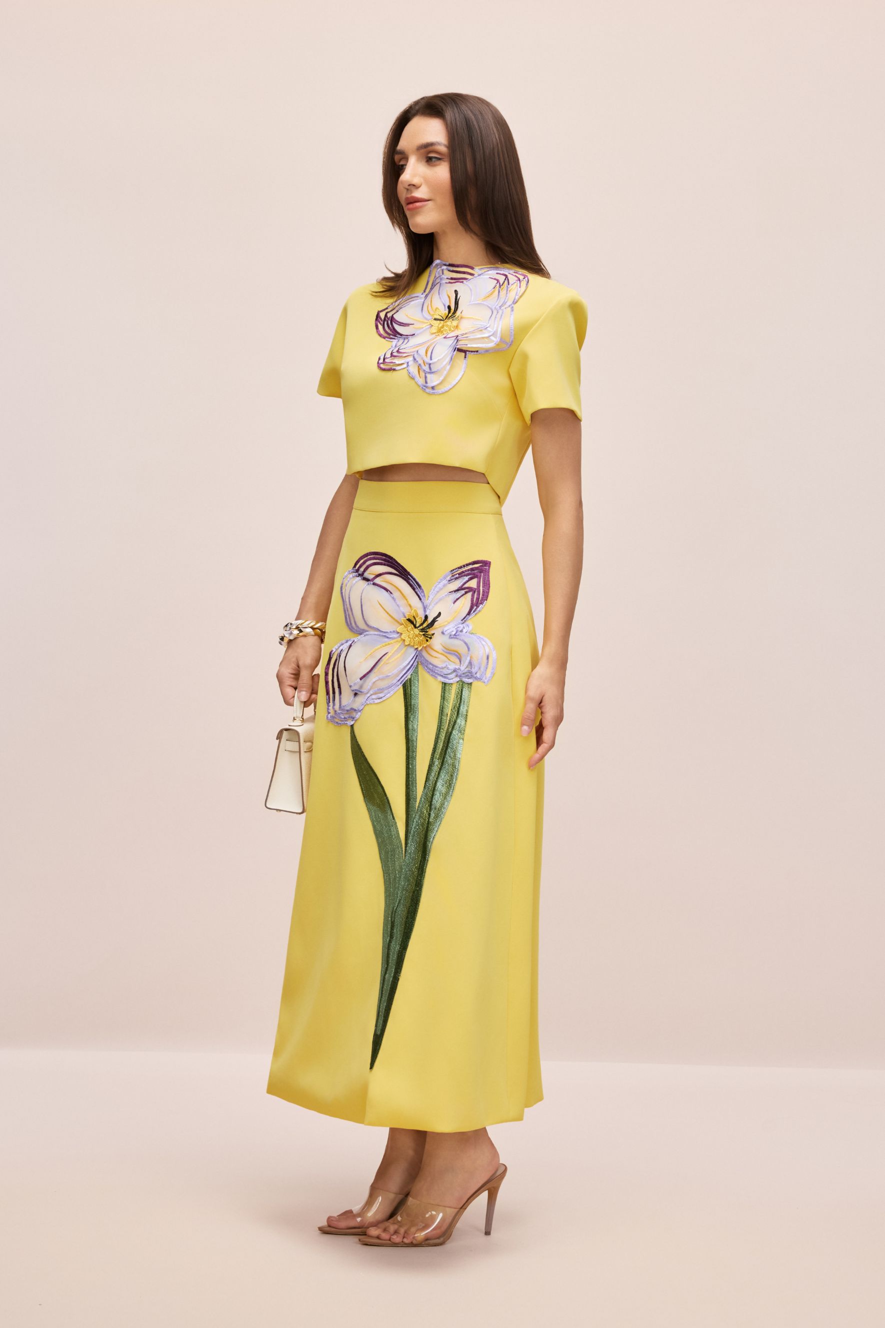 Angelica Floral Applique Short Sleeve Top & Skirt Set-purelyfable