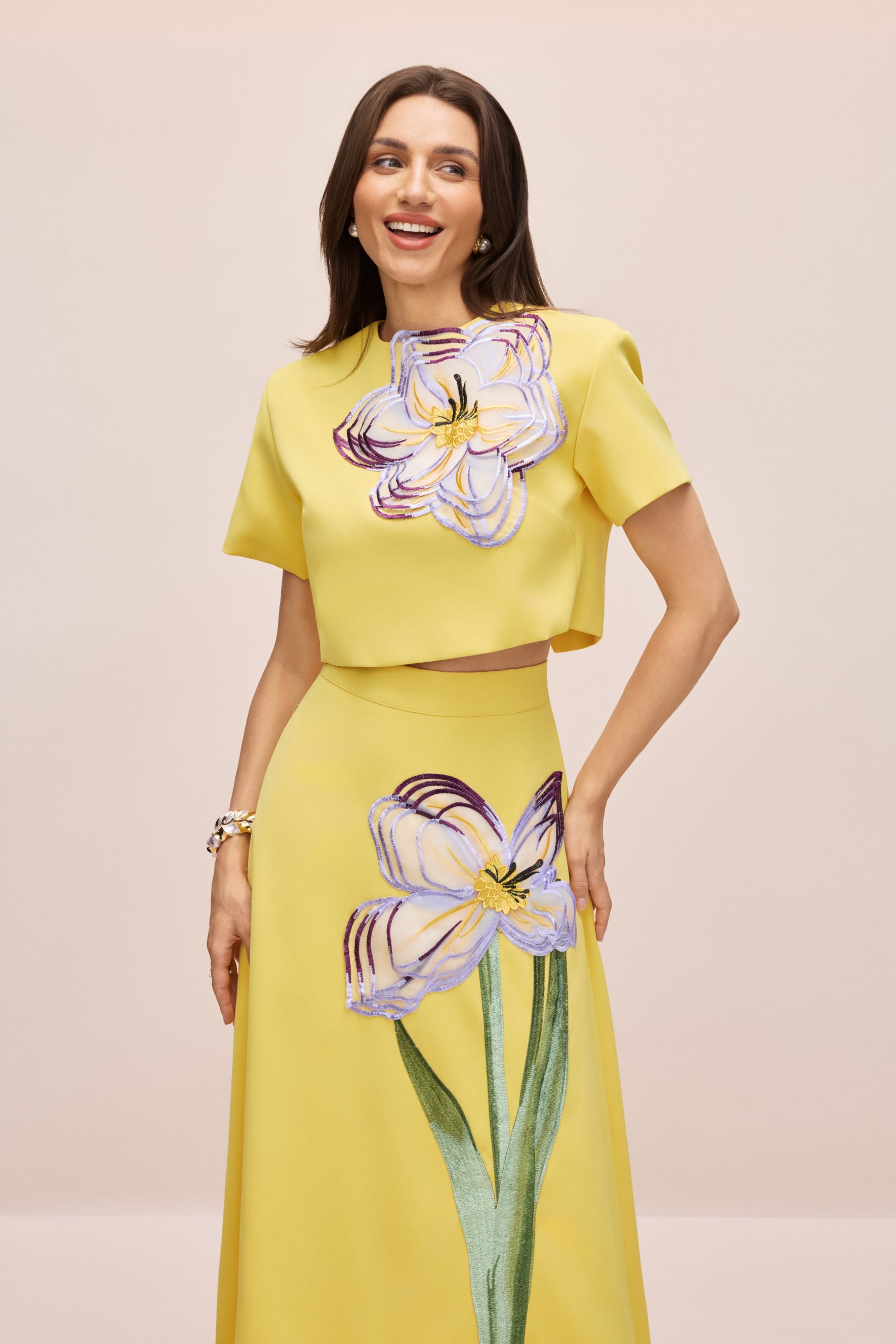 Angelica Floral Applique Short Sleeve Top & Skirt Set-purelyfable