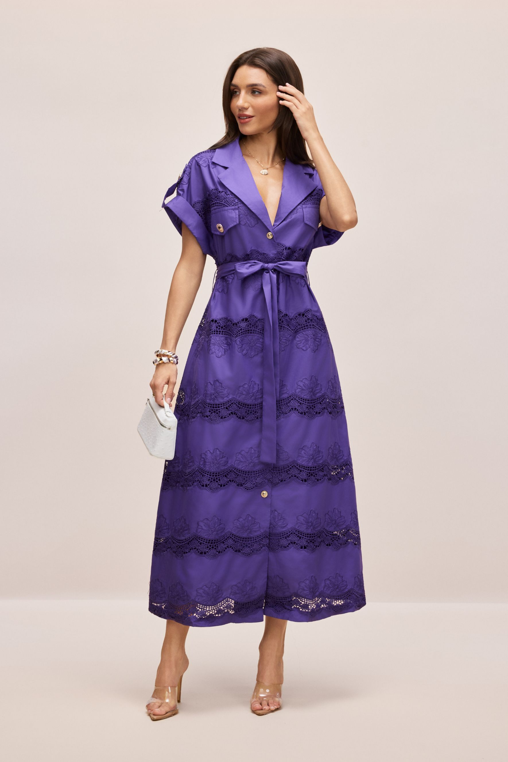 Mora Short Sleeve Lace Trim Midi Shirt Dress-purelyfable