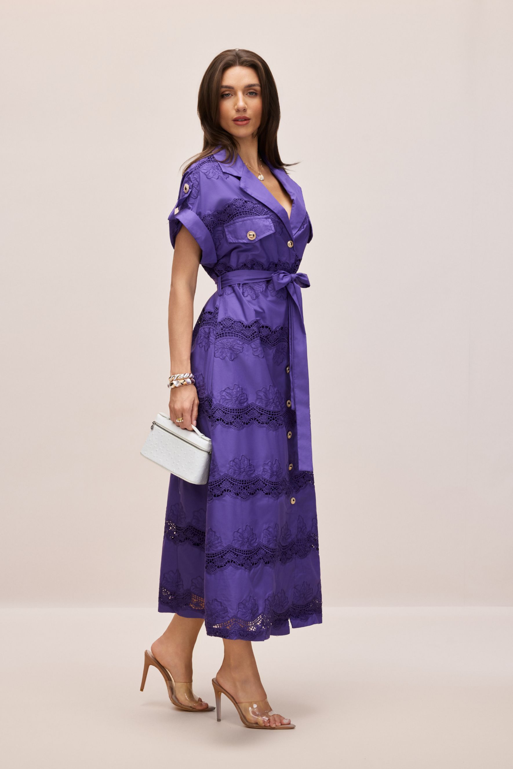 Mora Short Sleeve Lace Trim Midi Shirt Dress-purelyfable