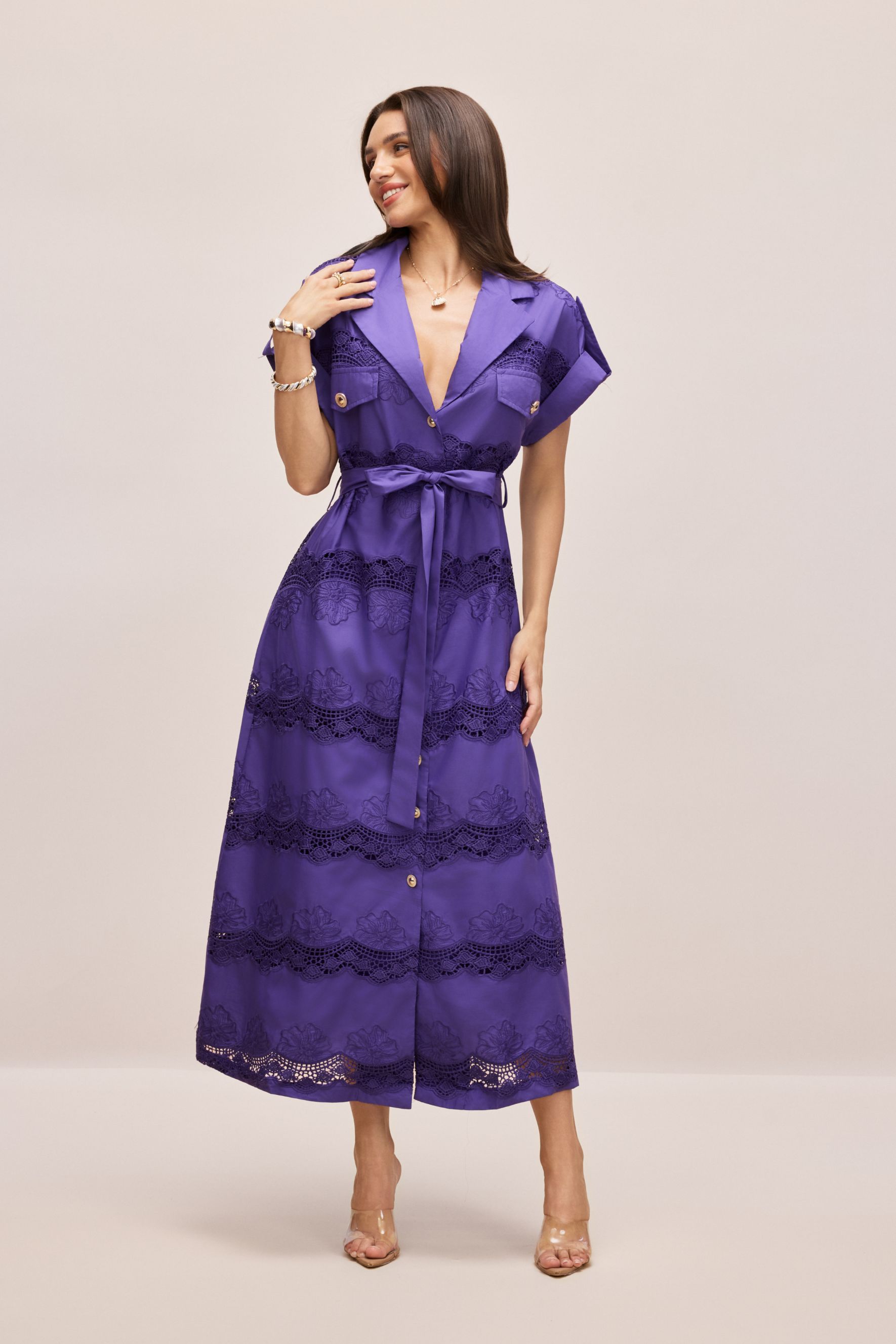 Mora Short Sleeve Lace Trim Midi Shirt Dress-purelyfable