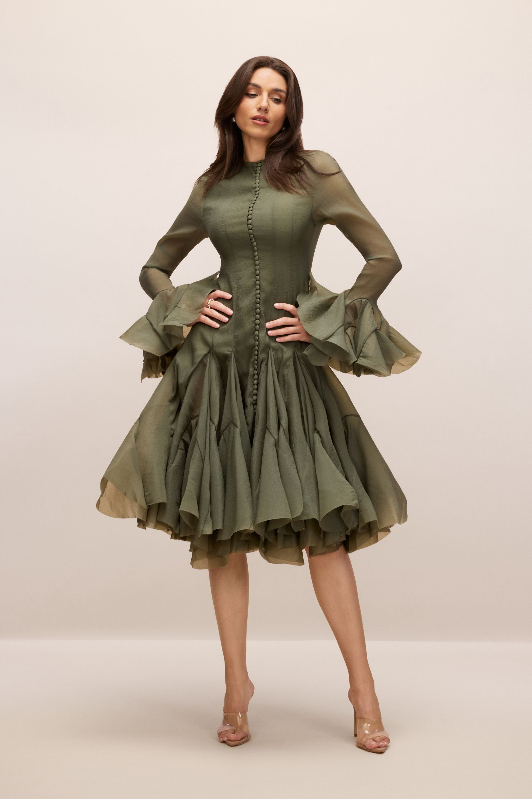 Gloria Long Sleeve Flared Hem Midi Dress-purelyfable