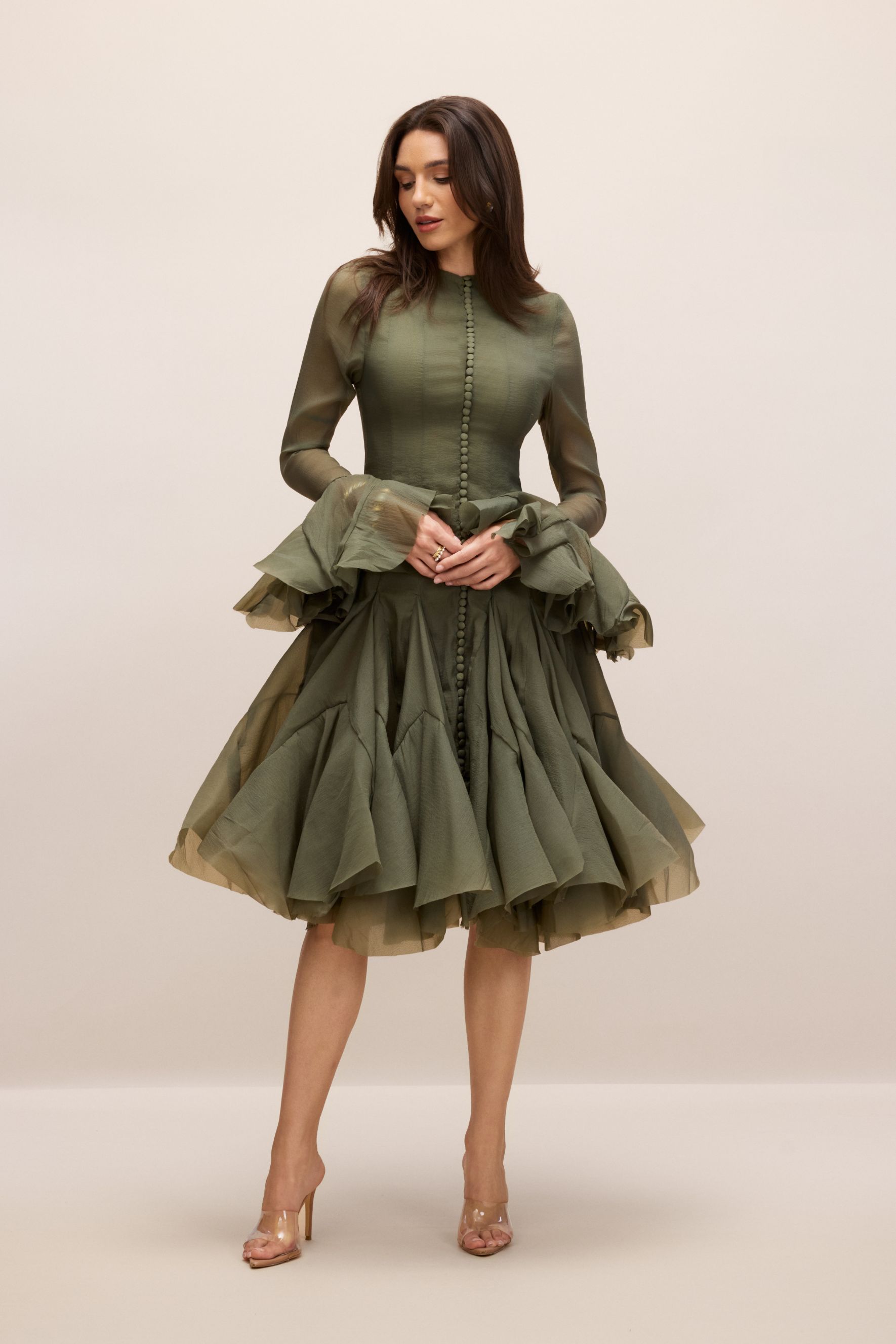 Gloria Long Sleeve Flared Hem Midi Dress-purelyfable