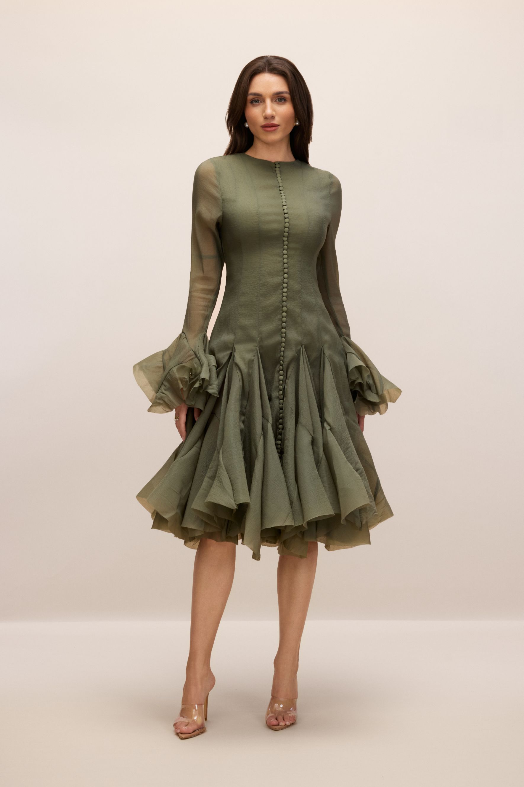 Gloria Long Sleeve Flared Hem Midi Dress-purelyfable