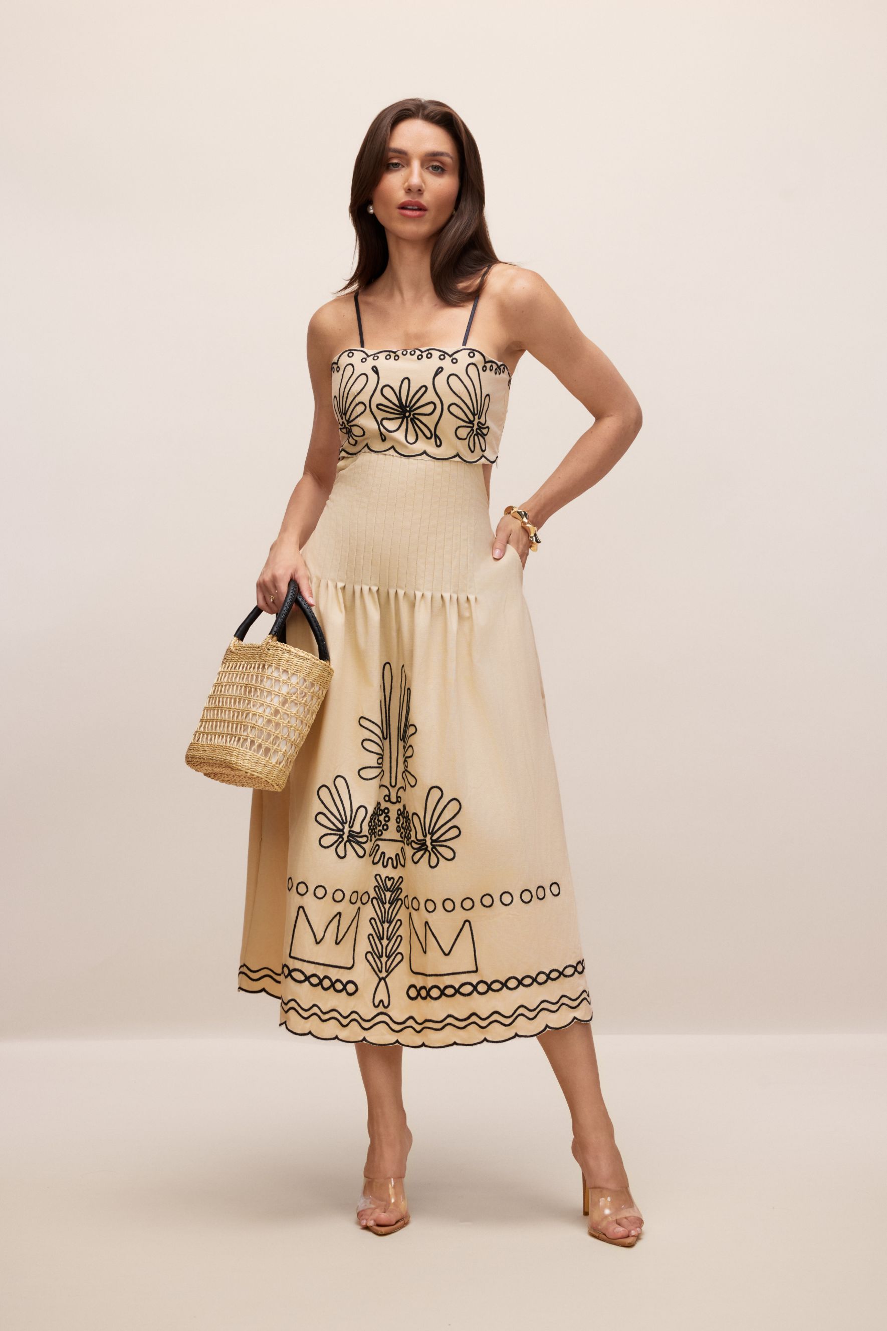 Caroline Abstract Embroidery Midi Dress-purelyfable