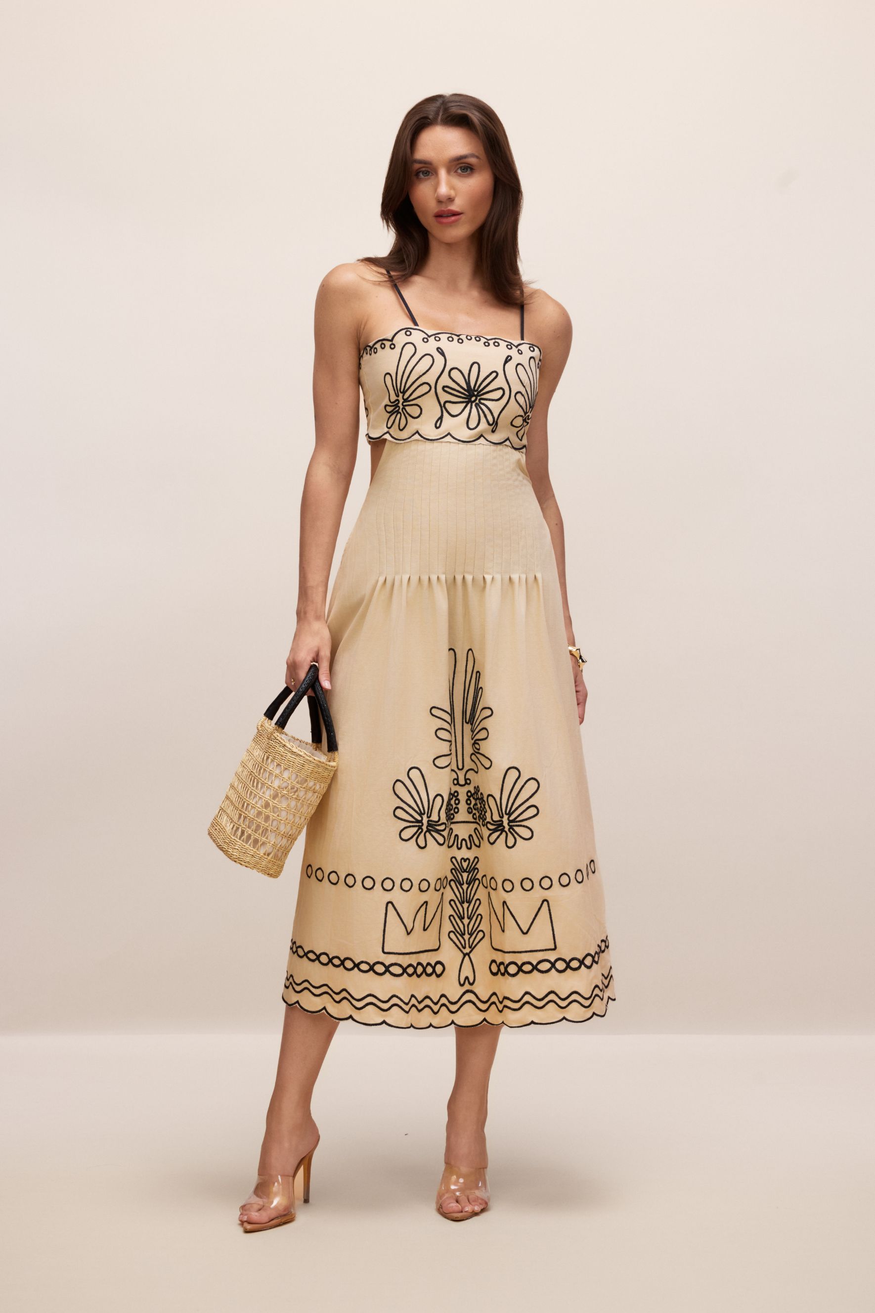 Caroline Abstract Embroidery Midi Dress-purelyfable