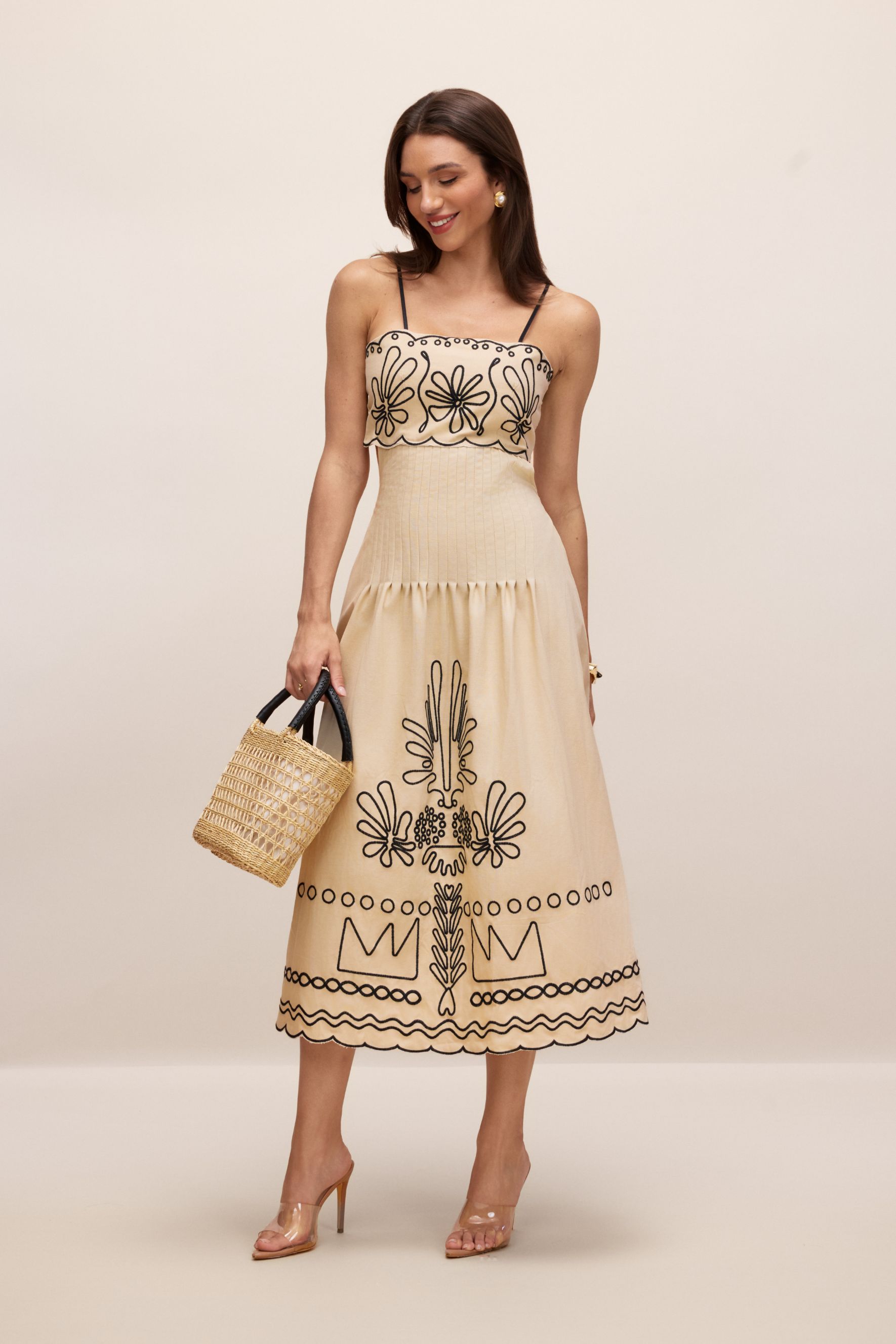 Caroline Abstract Embroidery Midi Dress-purelyfable