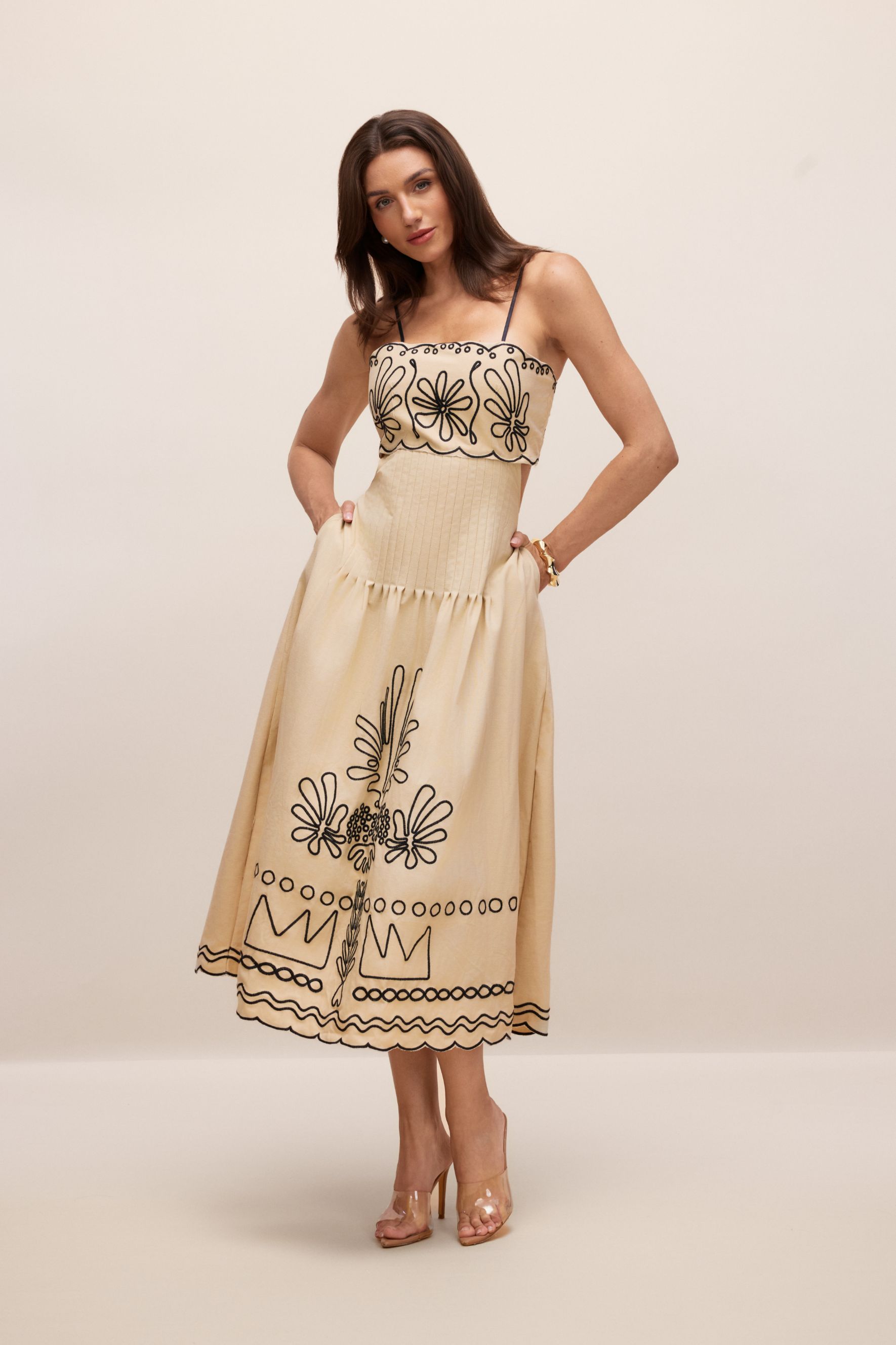 Caroline Abstract Embroidery Midi Dress-purelyfable