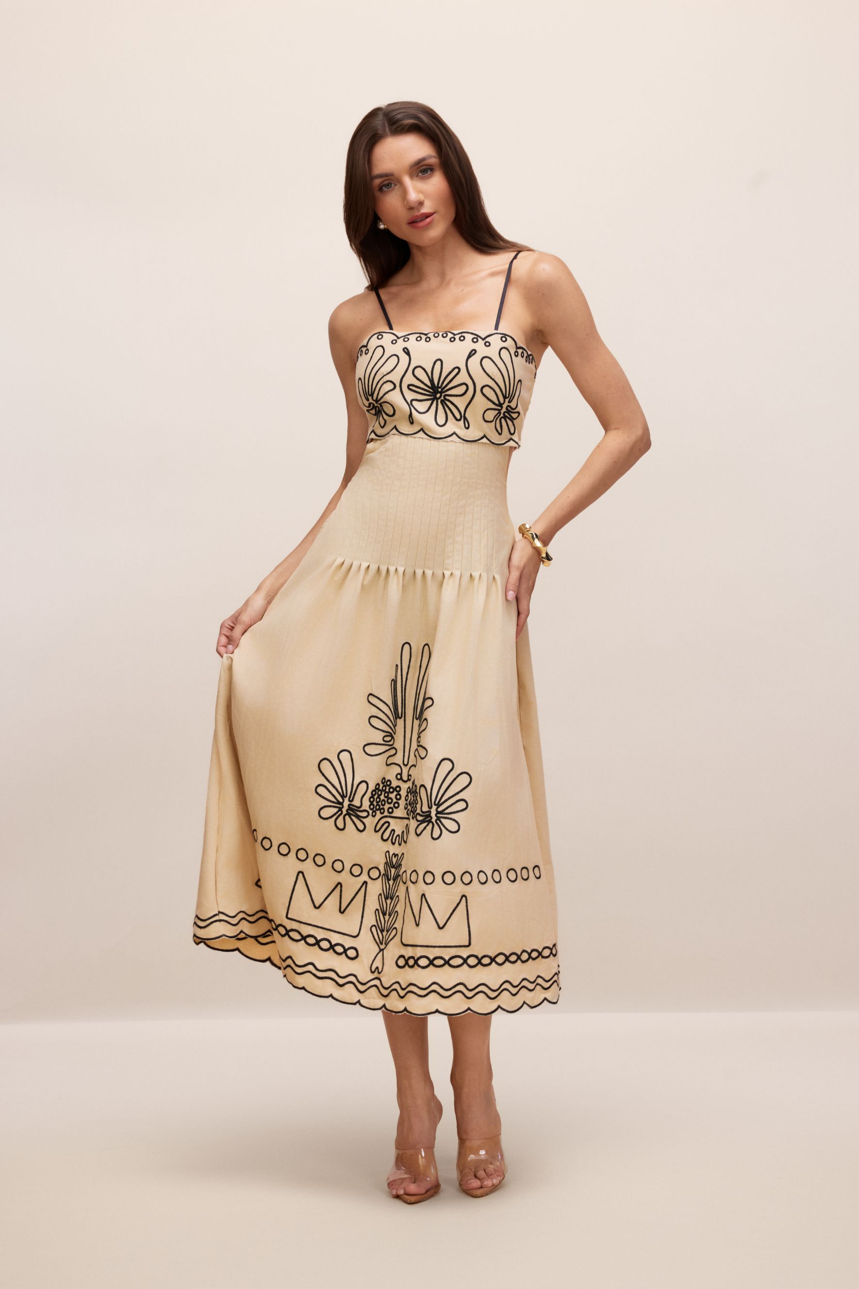 Caroline Abstract Embroidery Midi Dress-purelyfable