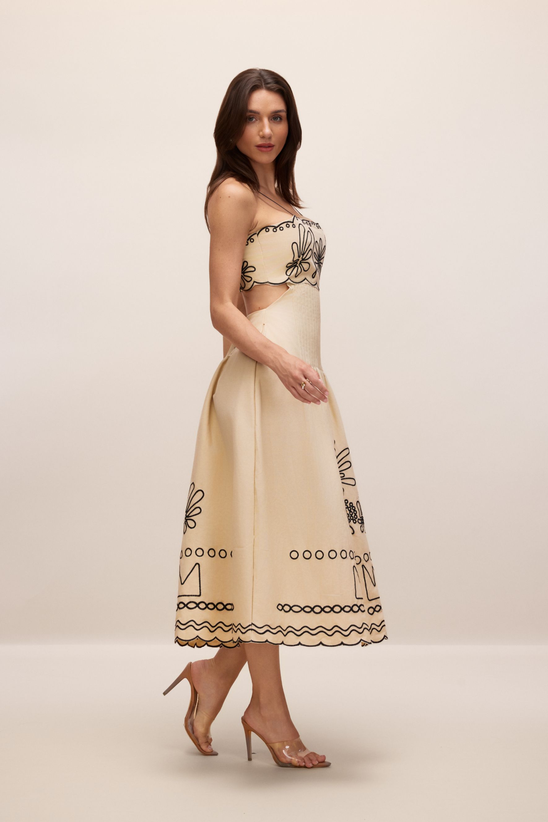 Caroline Abstract Embroidery Midi Dress-purelyfable